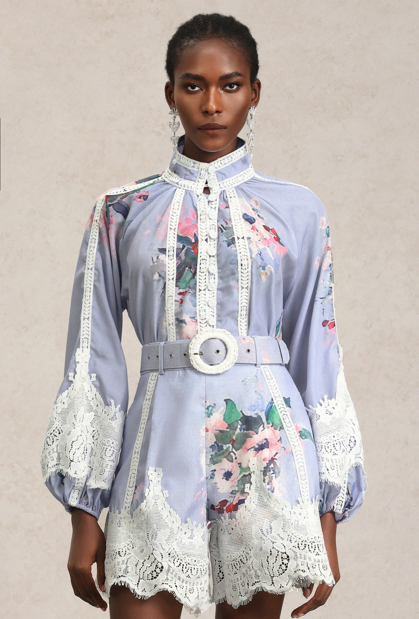 Ganaba Long Sleeve Floral Printed Lace Top And Shorts Two-Piece Set