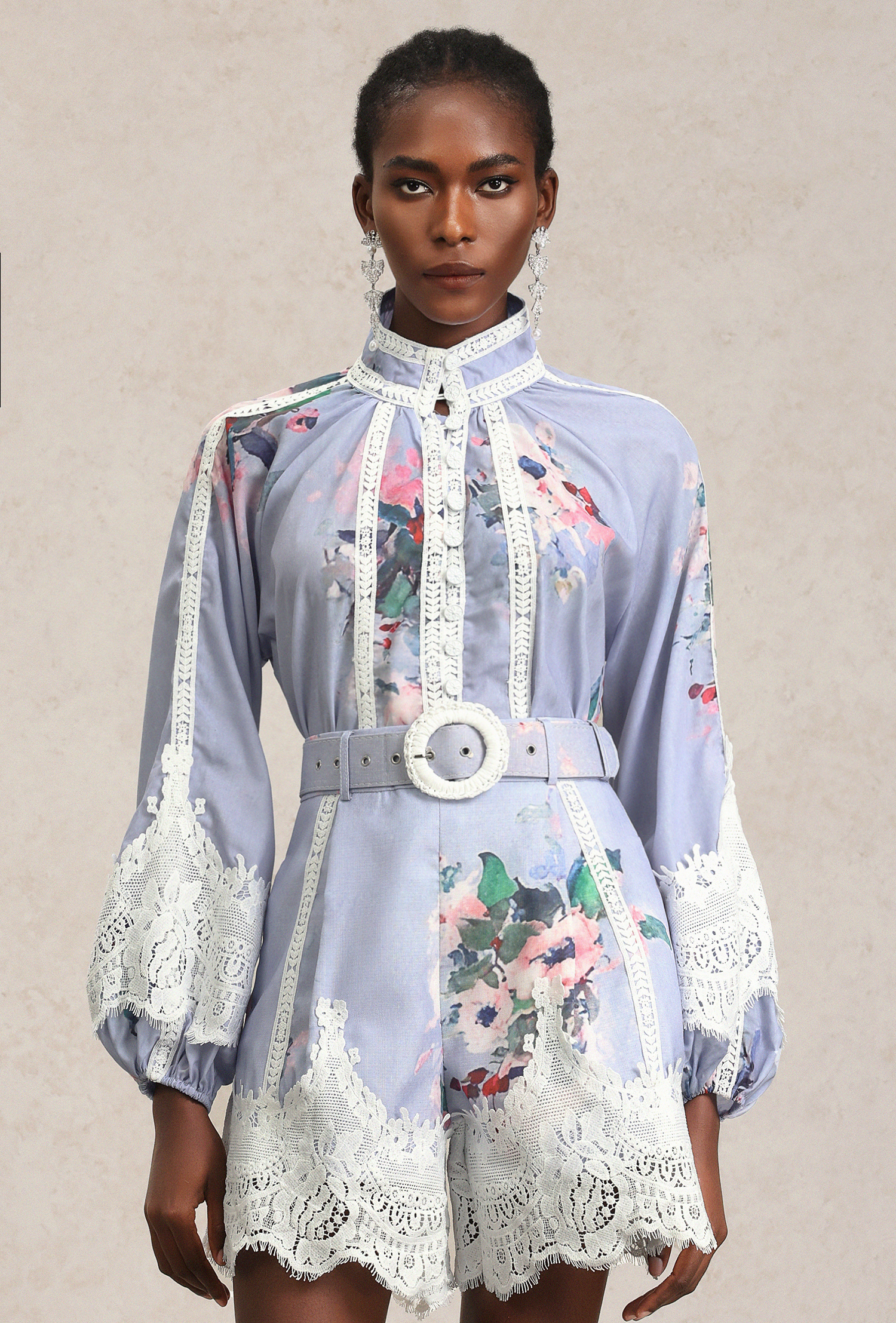 Ganaba Long Sleeve Floral Printed Lace Top And Shorts Two-Piece Set