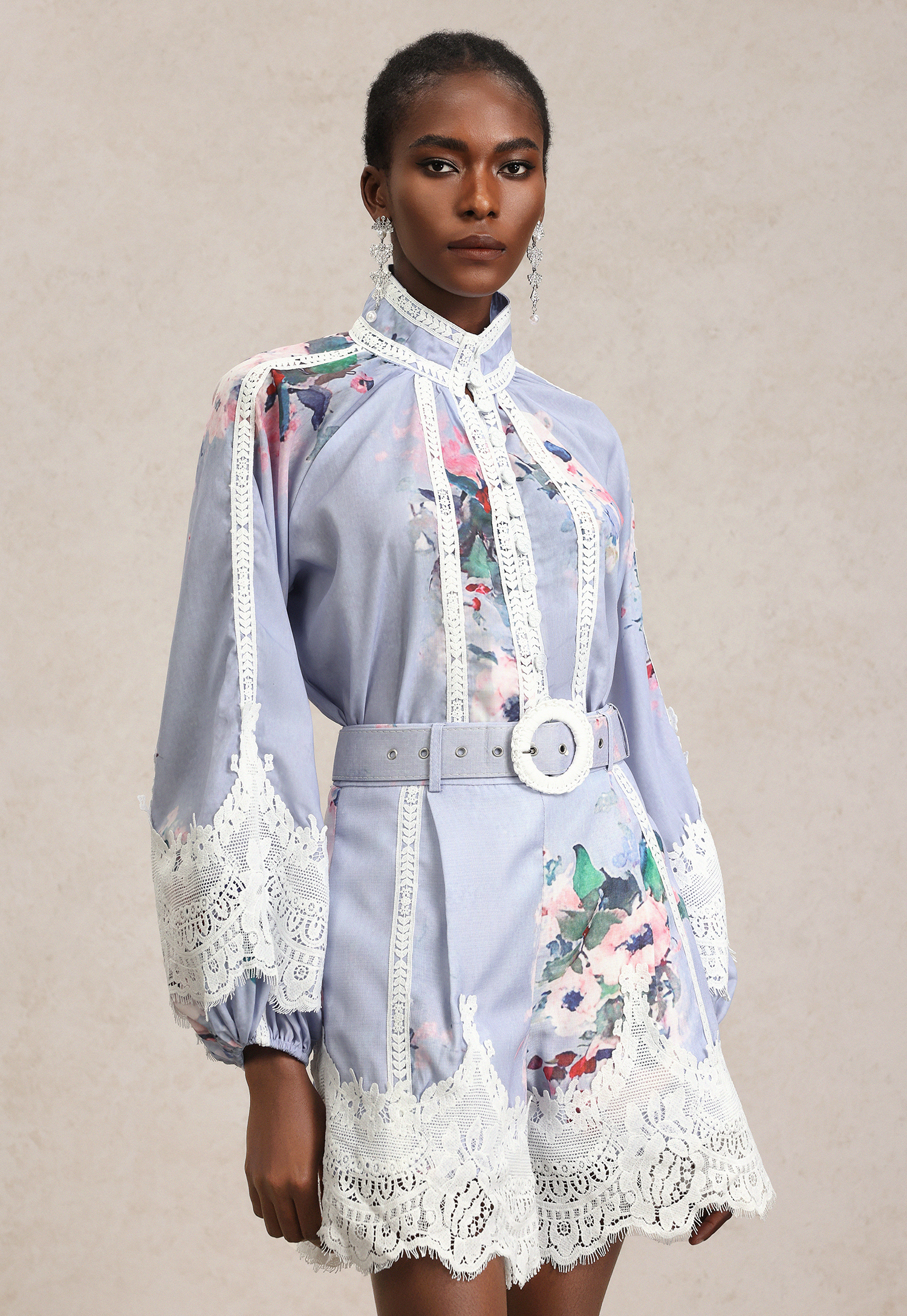 Ganaba Long Sleeve Floral Printed Lace Top And Shorts Two-Piece Set