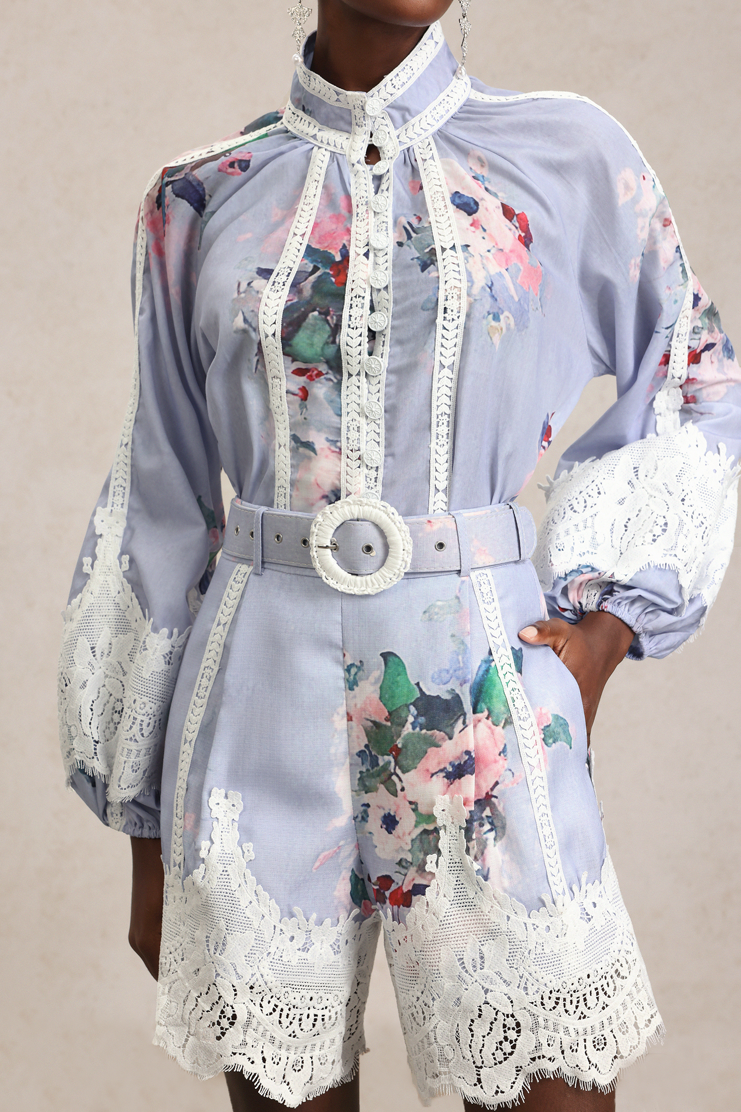 Ganaba Long Sleeve Floral Printed Lace Top And Shorts Two-Piece Set