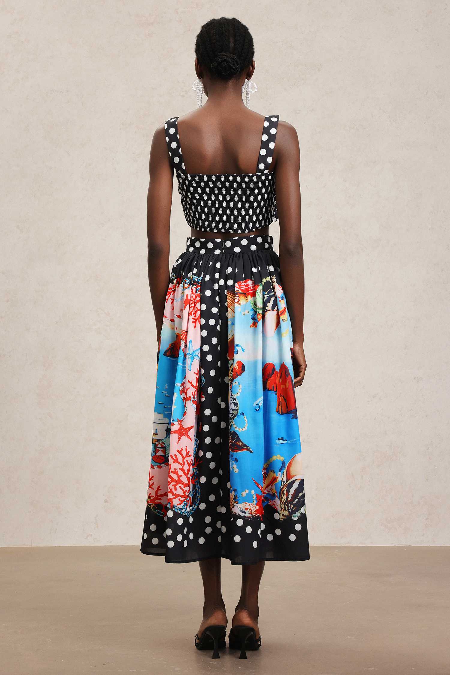Tureal Halter Dot Printed Bowknot Top And Skirt Two-Piece Set