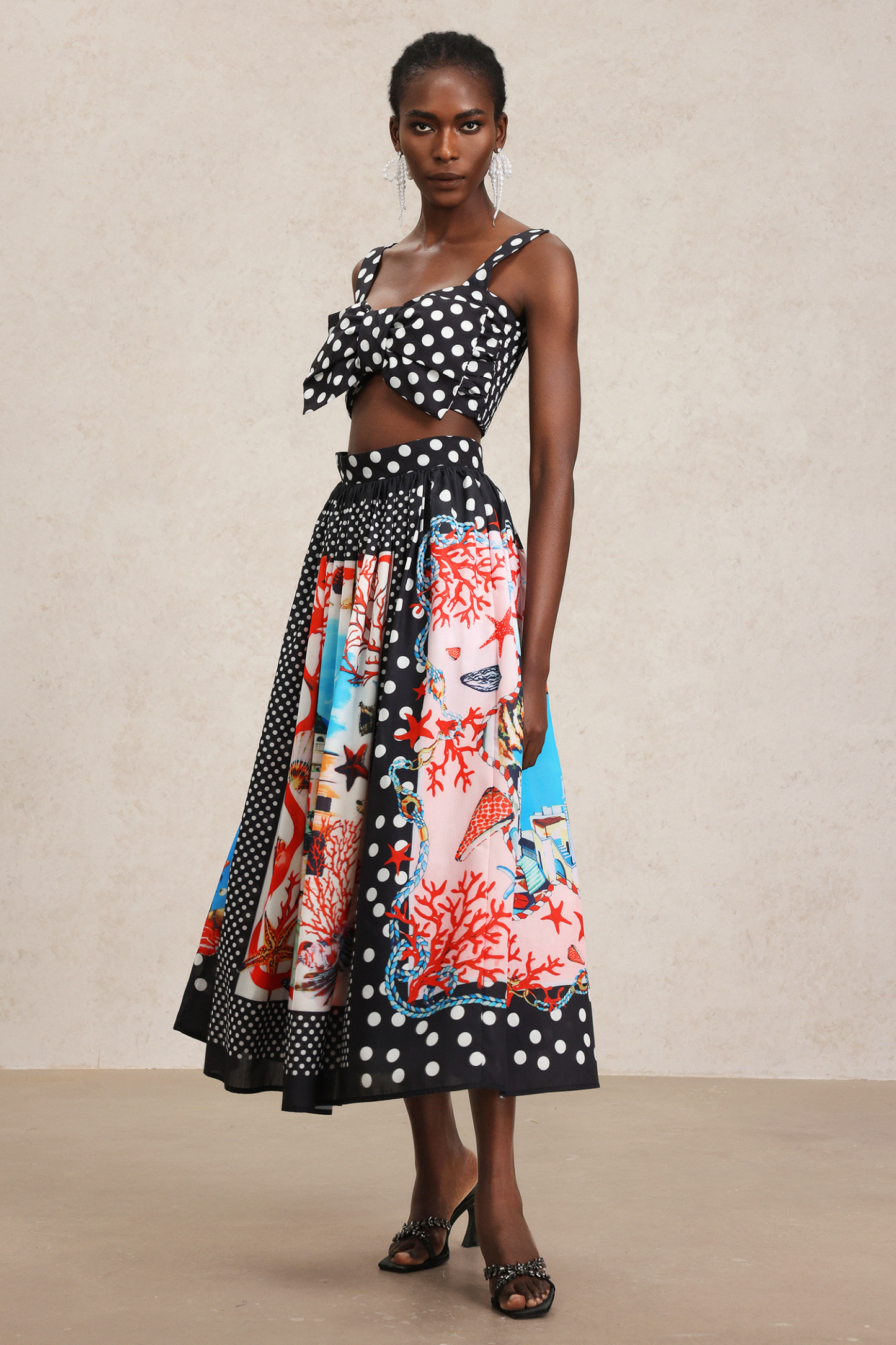 Tureal Halter Dot Printed Bowknot Top And Skirt Two-Piece Set