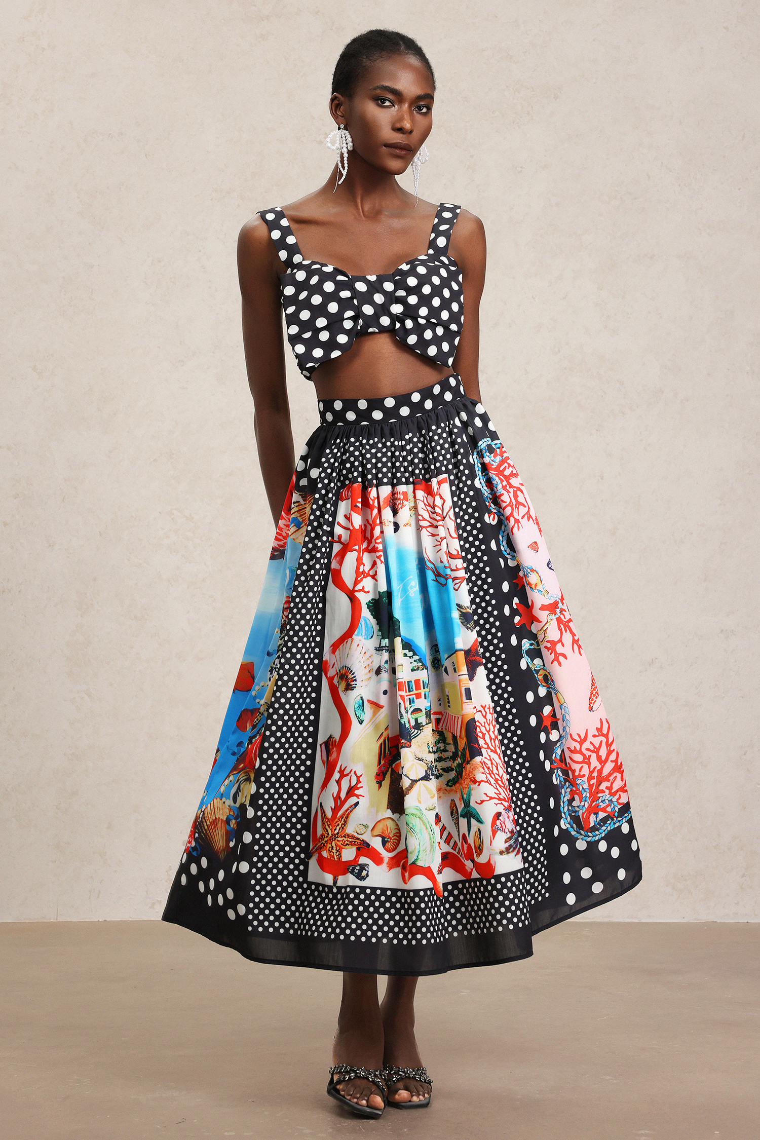 Tureal Halter Dot Printed Bowknot Top And Skirt Two-Piece Set