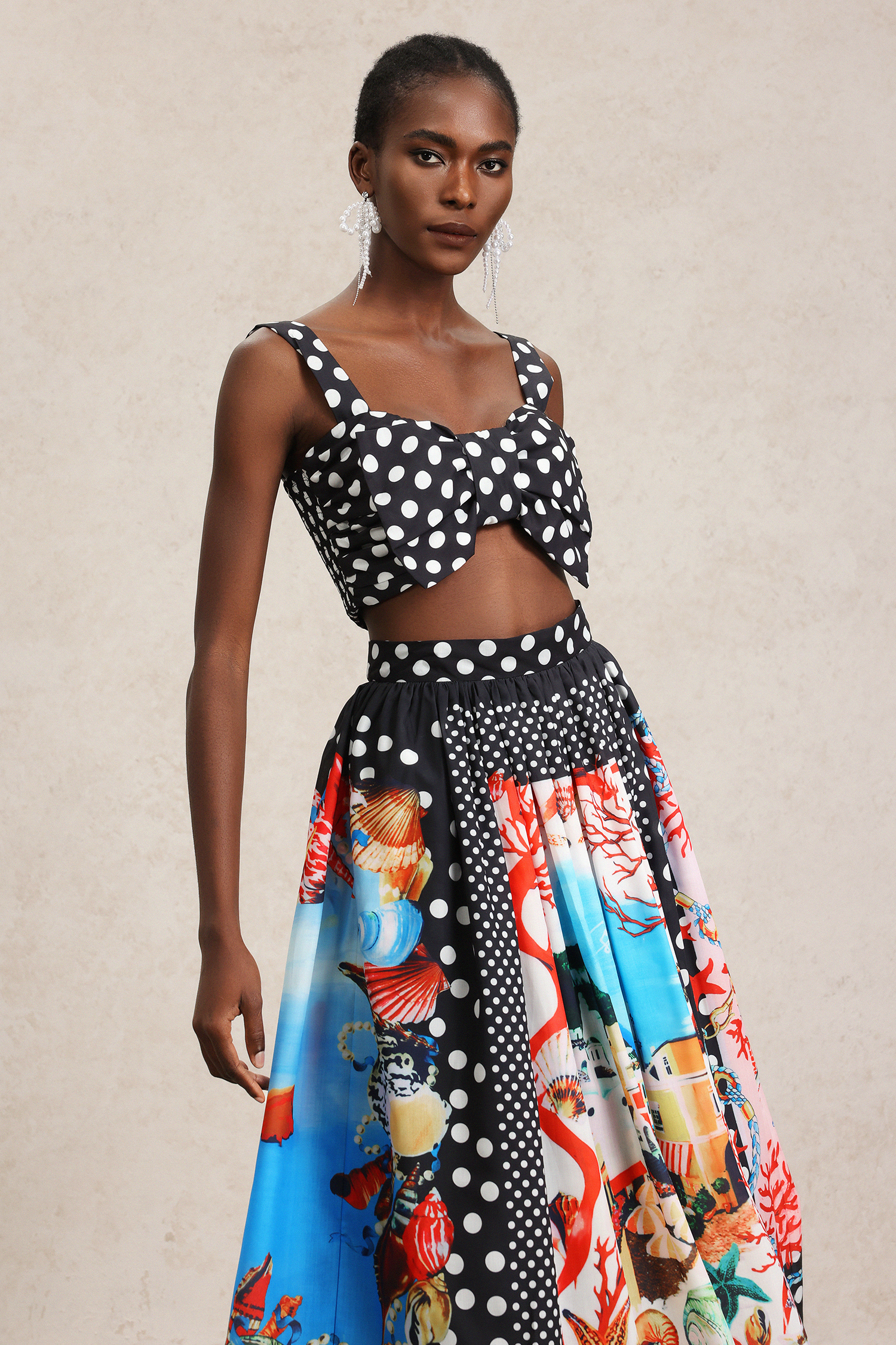 Tureal Halter Dot Printed Bowknot Top And Skirt Two-Piece Set