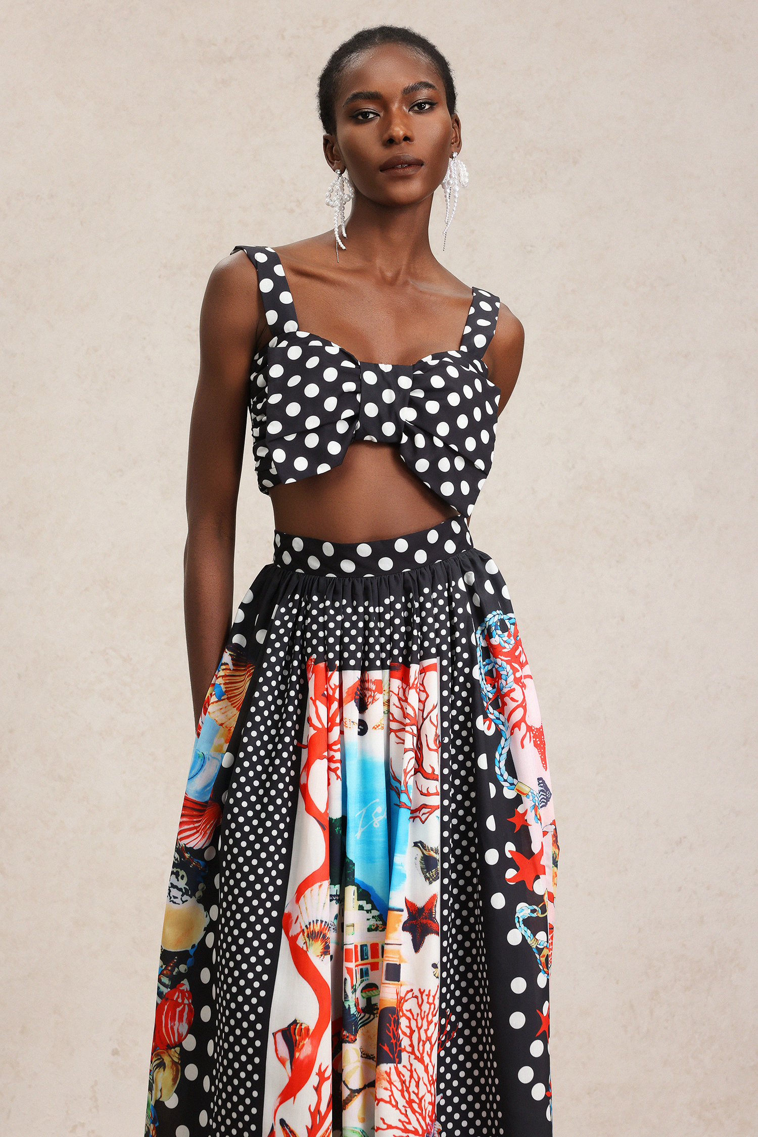 Tureal Halter Dot Printed Bowknot Top And Skirt Two-Piece Set