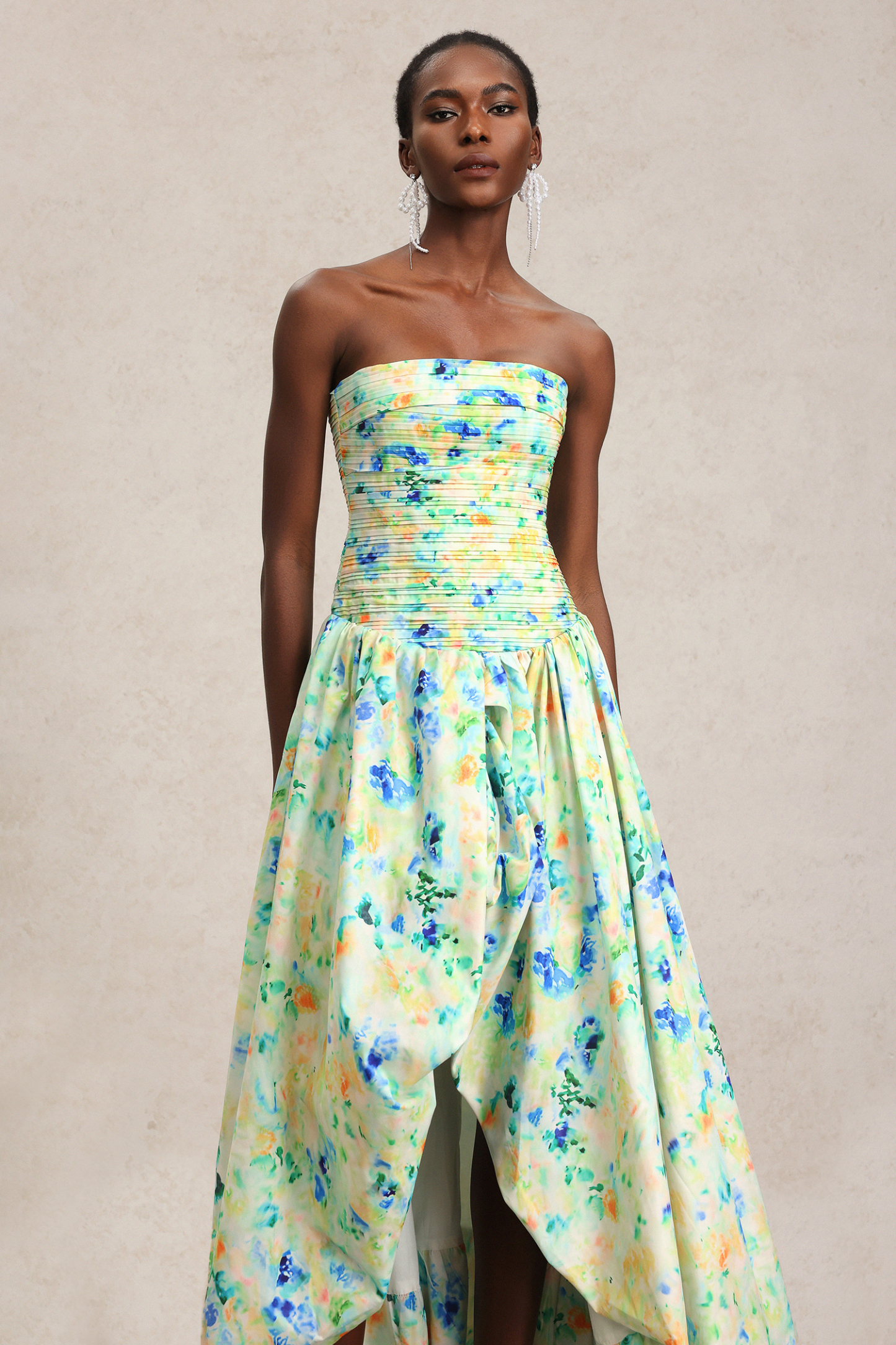 Liliana Sleeveless Floral Printed Folds Maxi Dress