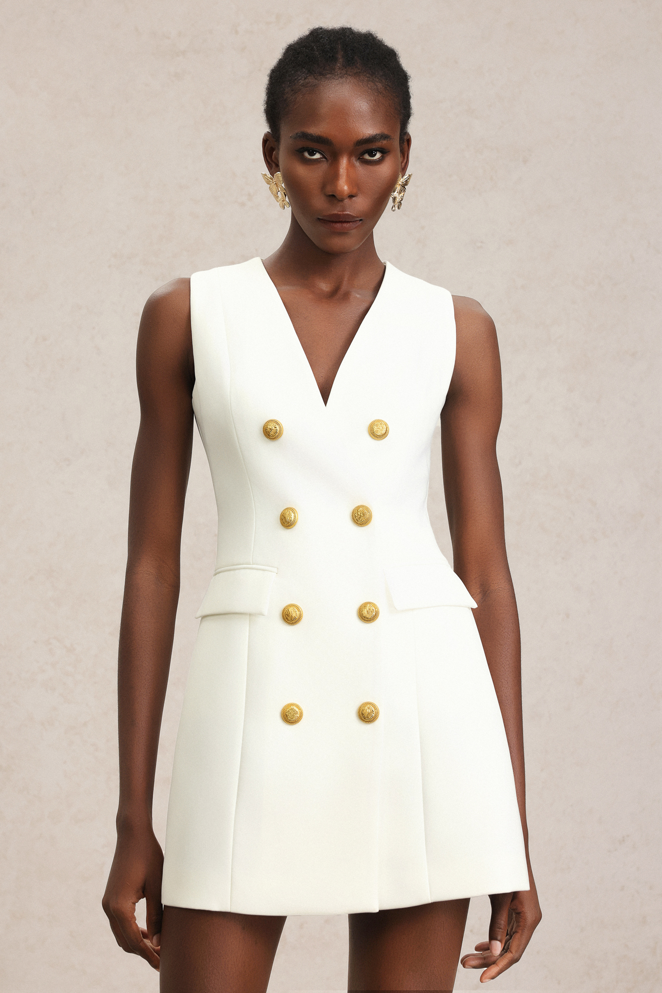 Ereen Sleeveless V-Neck Gold Button Mini Dress