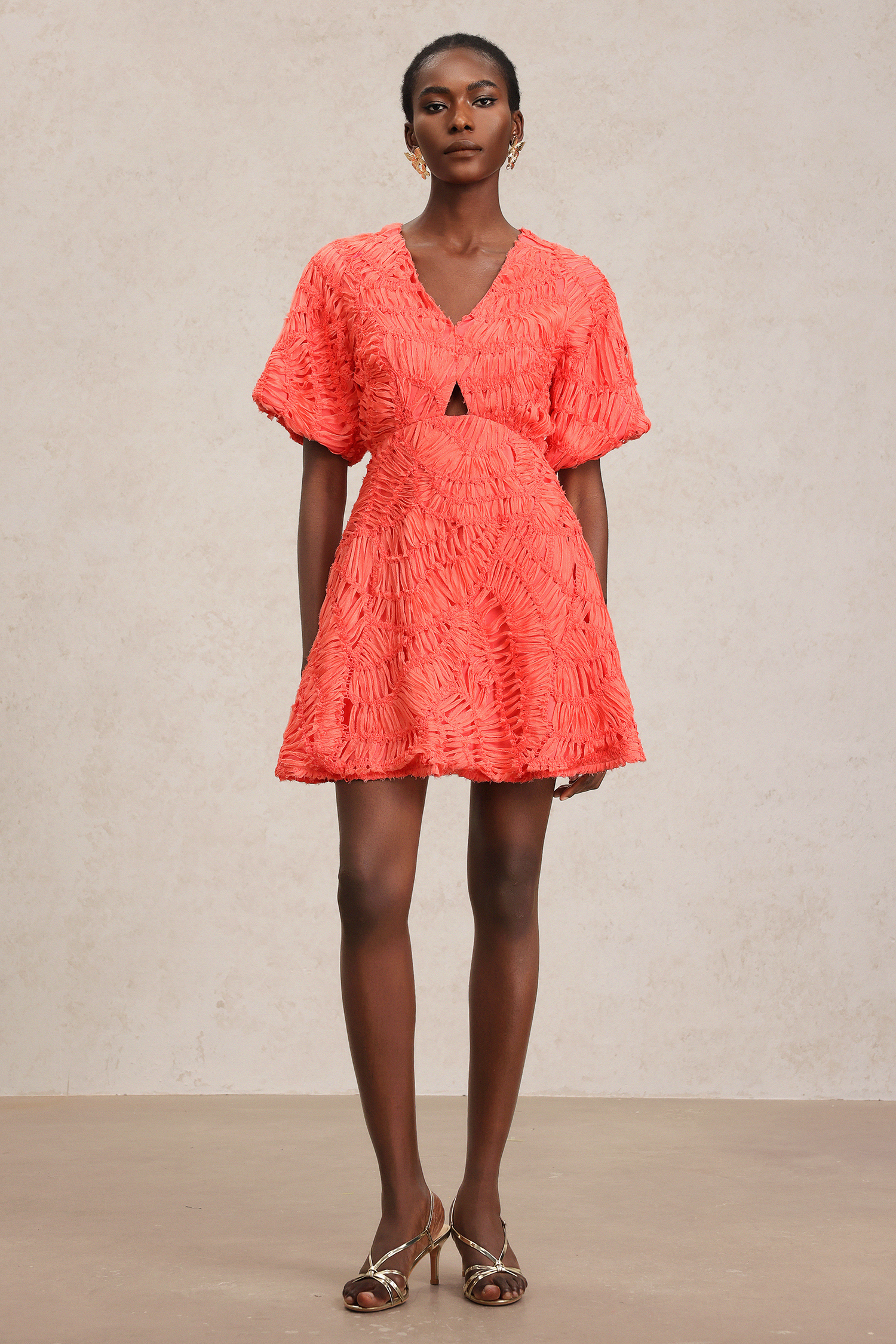 Katya V-Neck Puff Sleeves Hollow Out Mini Dress