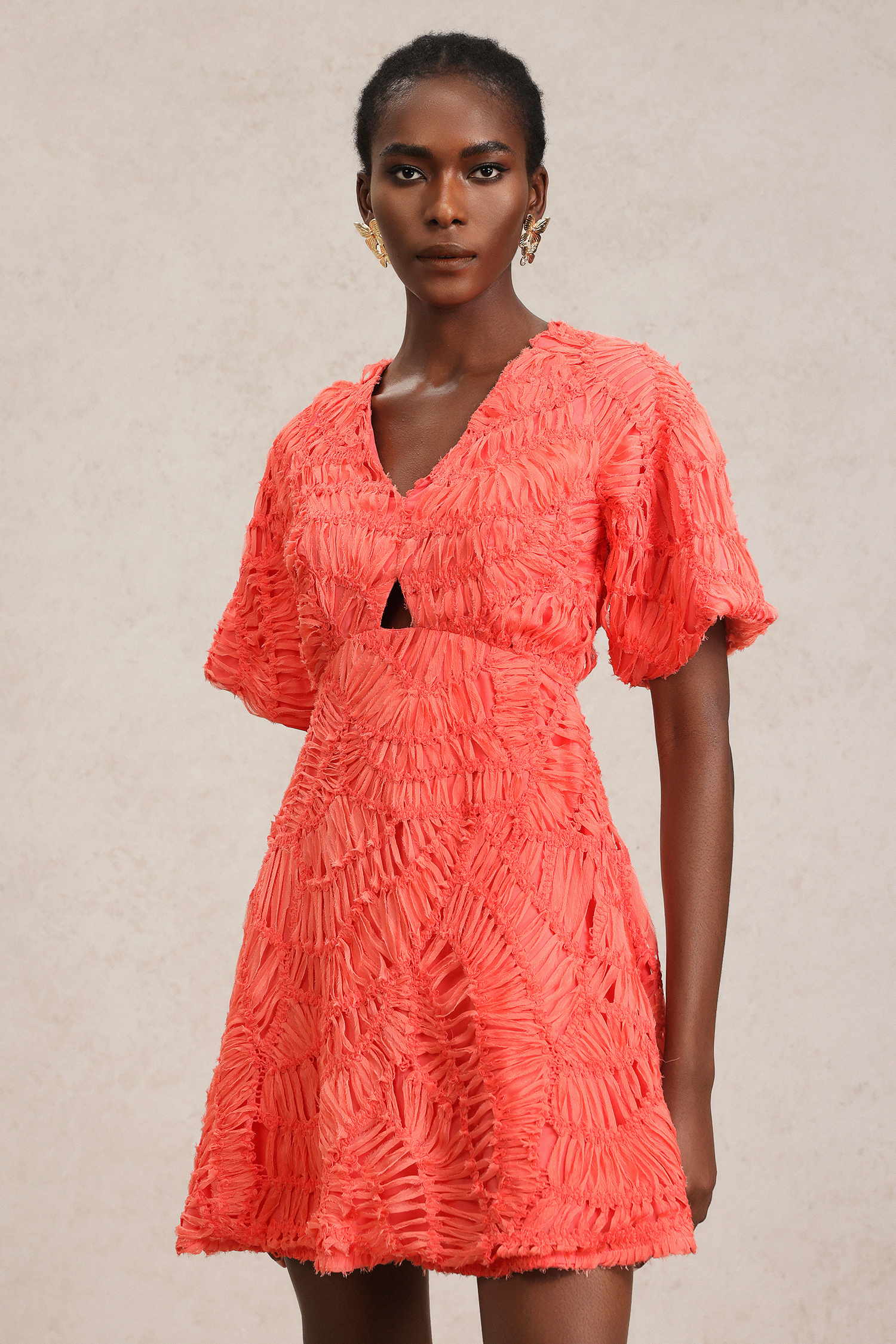 Katya V-Neck Puff Sleeves Hollow Out Mini Dress