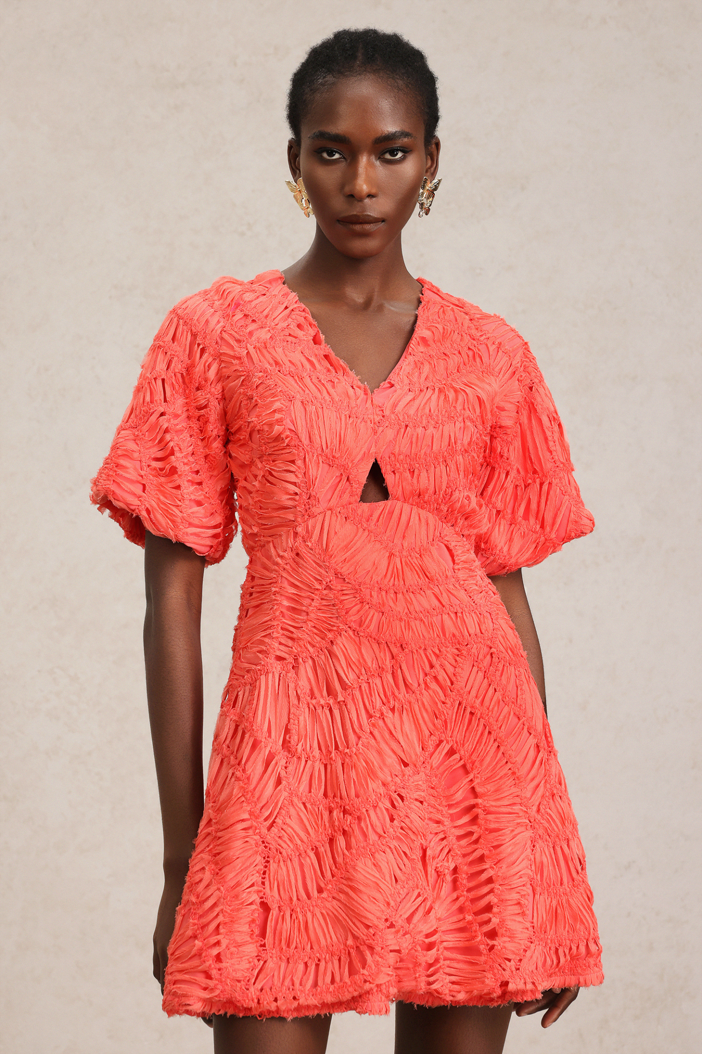 Katya V-Neck Puff Sleeves Hollow Out Mini Dress