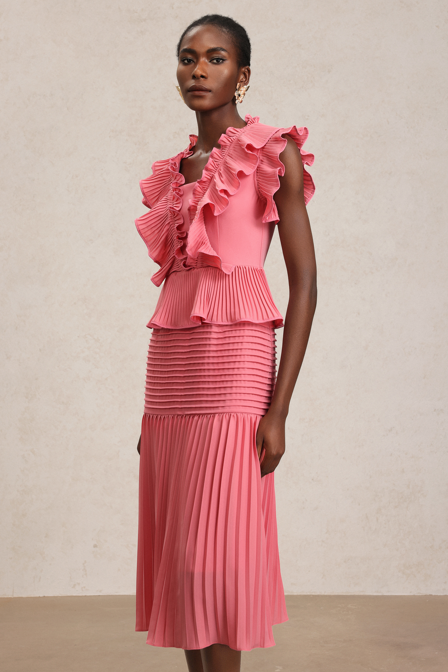 Rereny V-Neck Sleeveless Accordion Fold Midi Dress