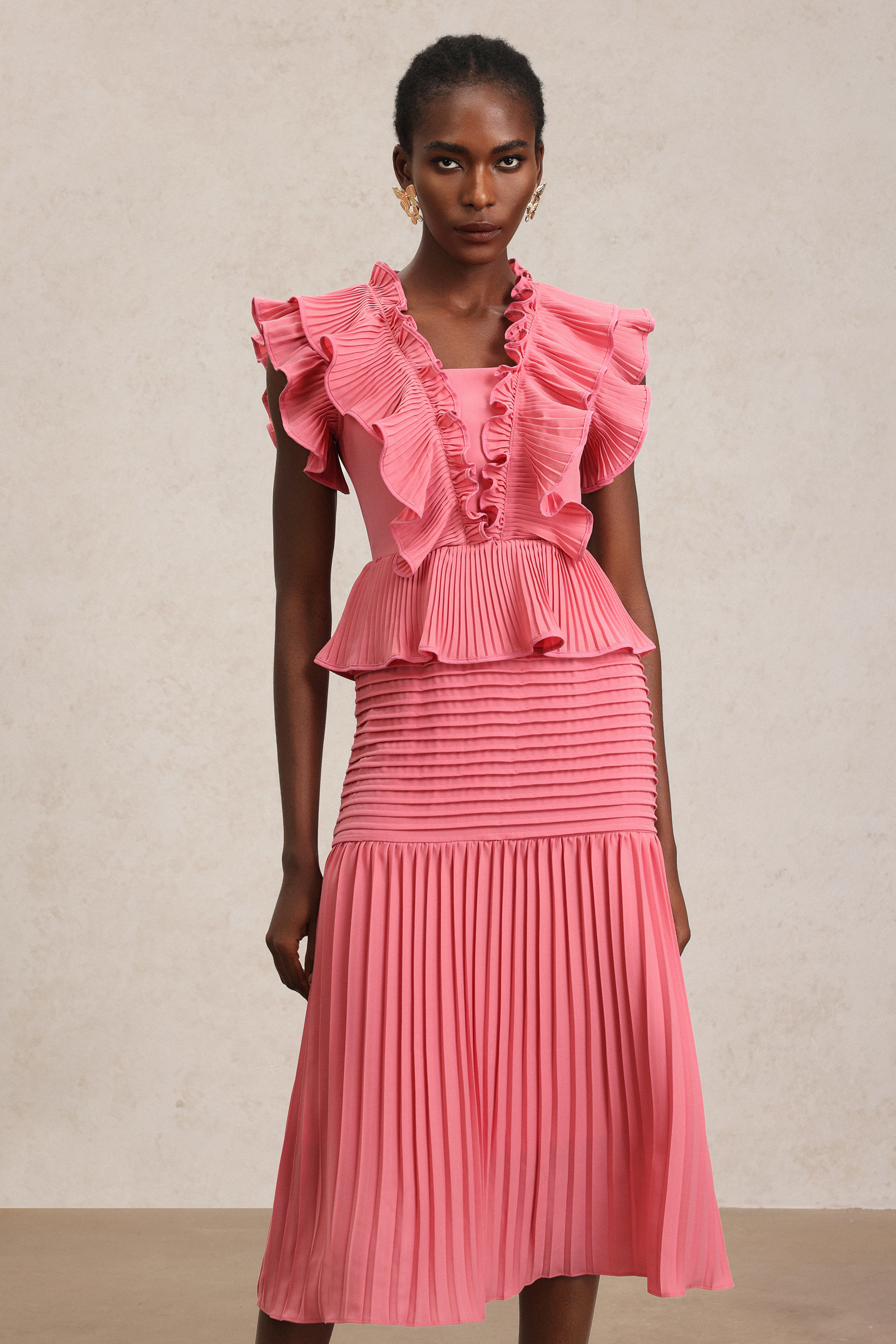 Rereny V-Neck Sleeveless Accordion Fold Midi Dress