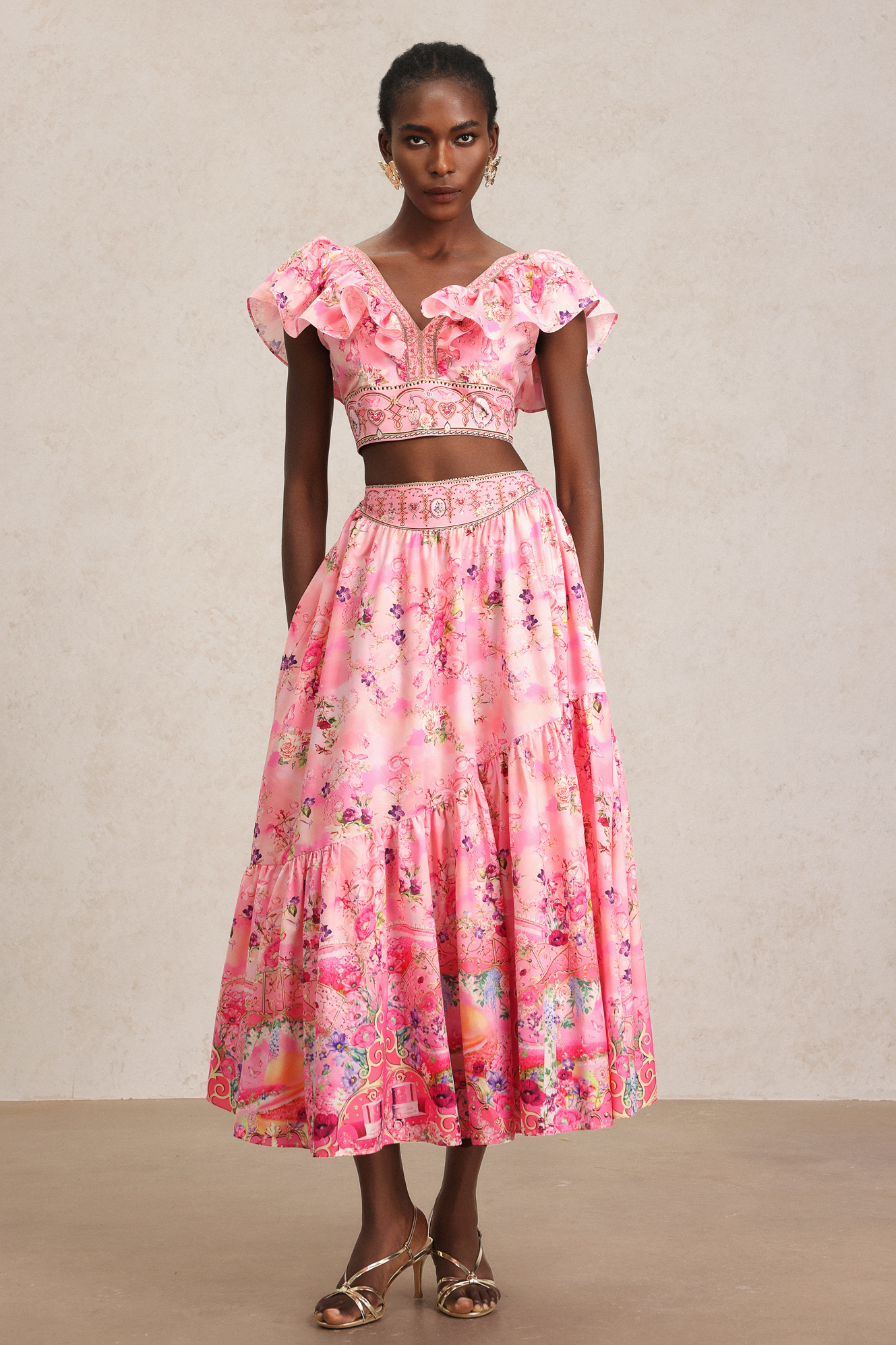 Sami Floral Printed Folds Top And Skirt Two-Piece Set