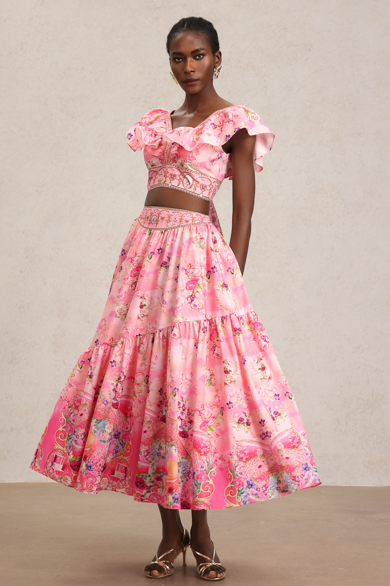 Sami Floral Printed Folds Top And Skirt Two-Piece Set