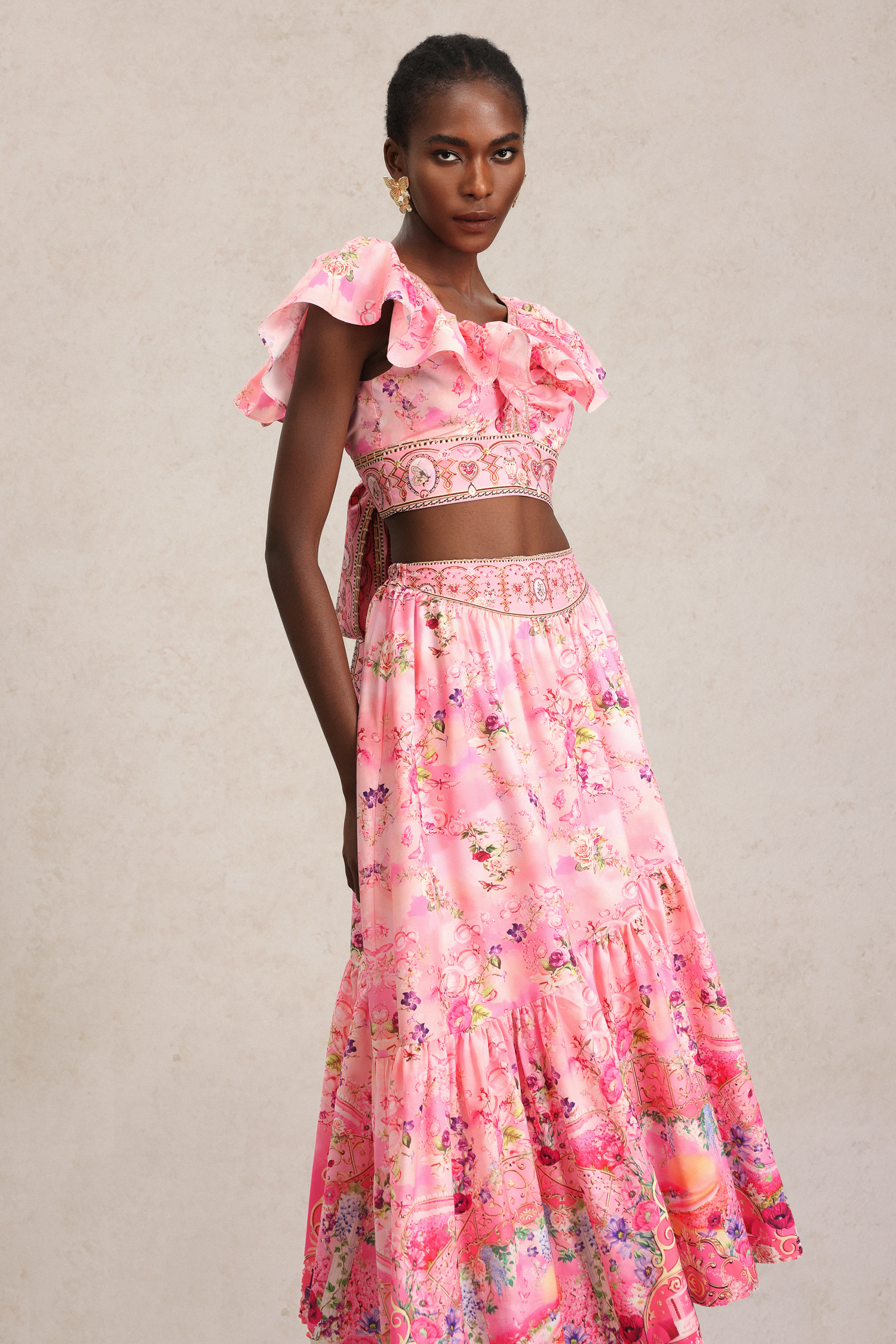 Sami Floral Printed Folds Top And Skirt Two-Piece Set