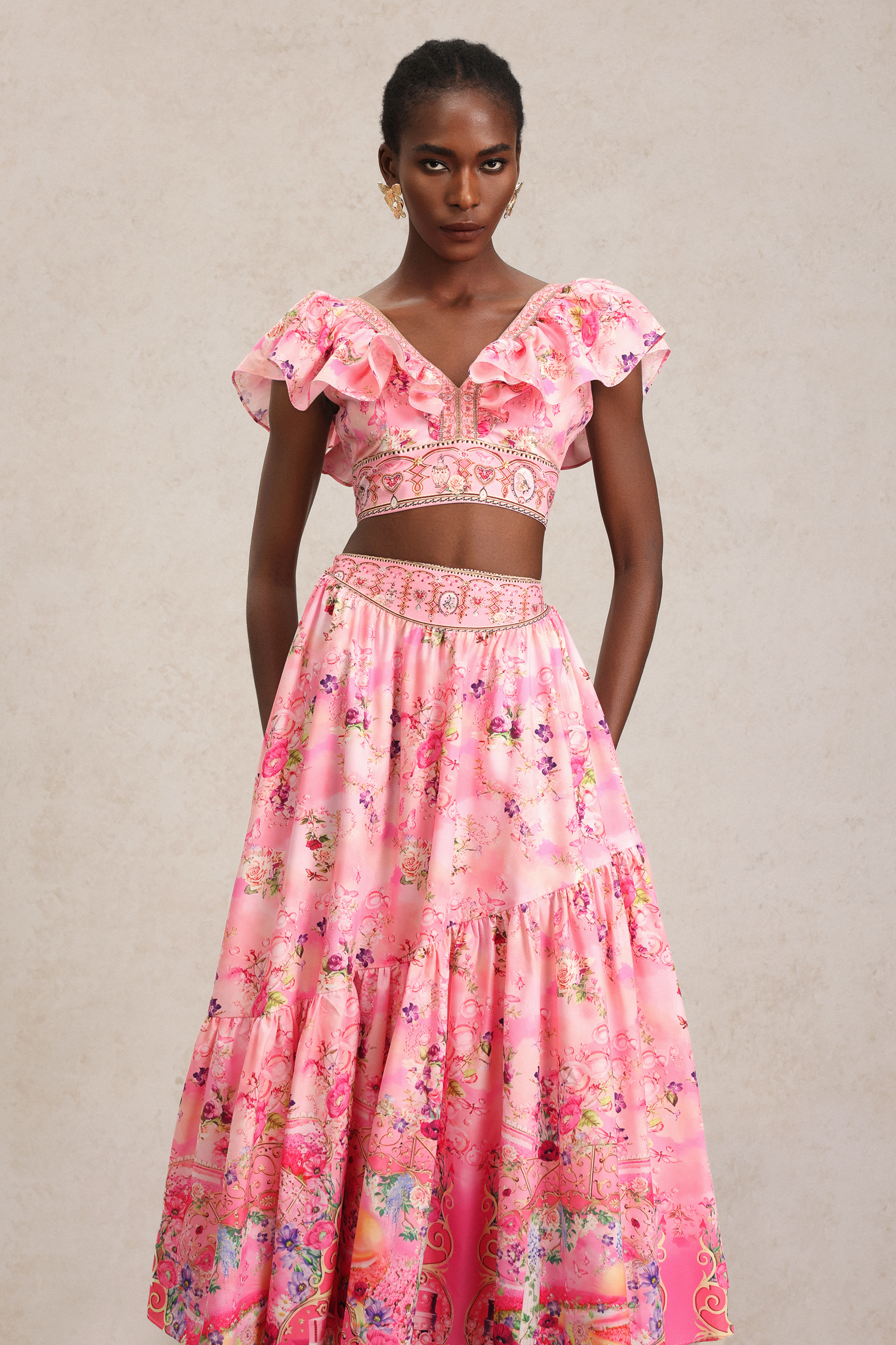 Sami Floral Printed Folds Top And Skirt Two-Piece Set
