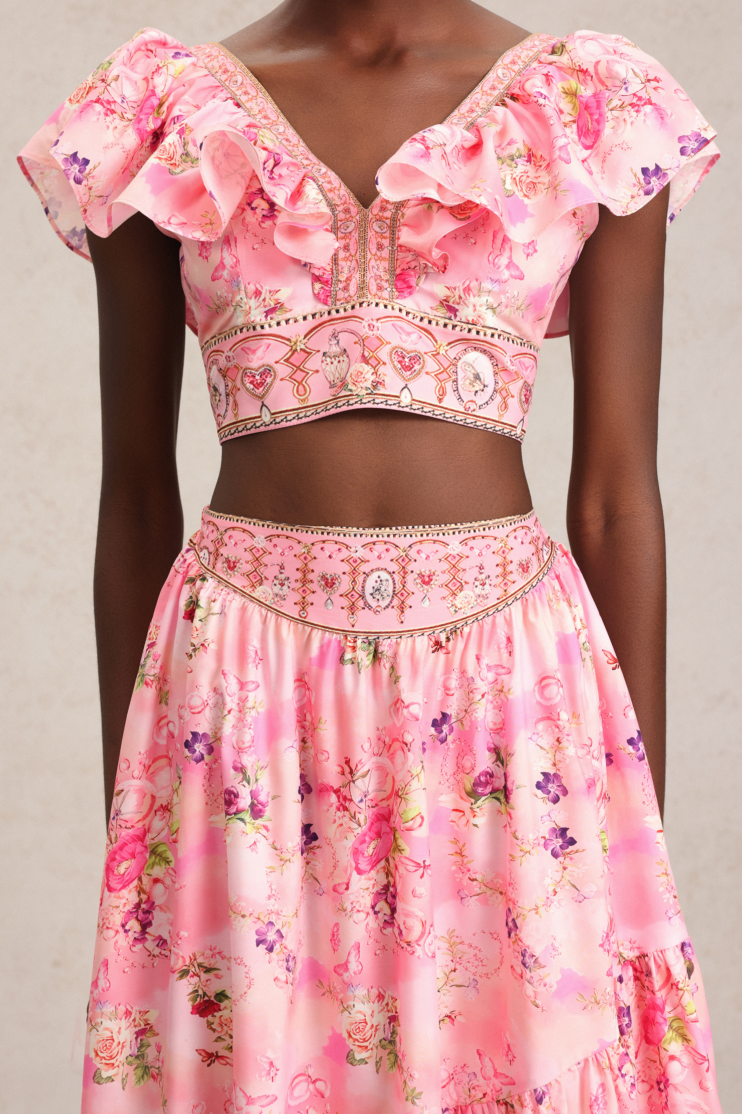 Sami Floral Printed Folds Top And Skirt Two-Piece Set
