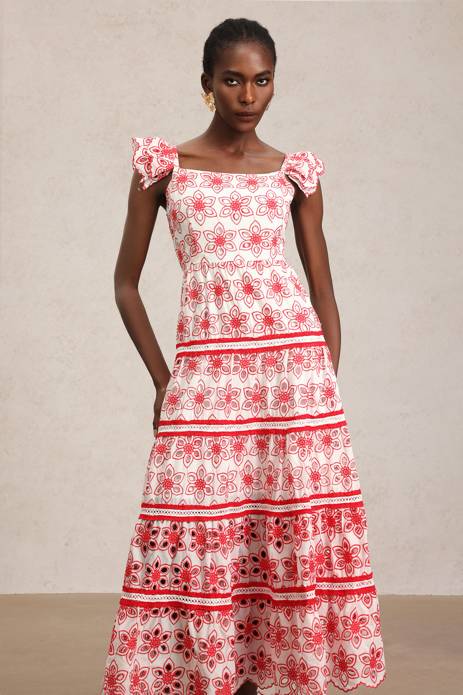 Rola Flowers Hollow Out Embroidery Maxi Dress