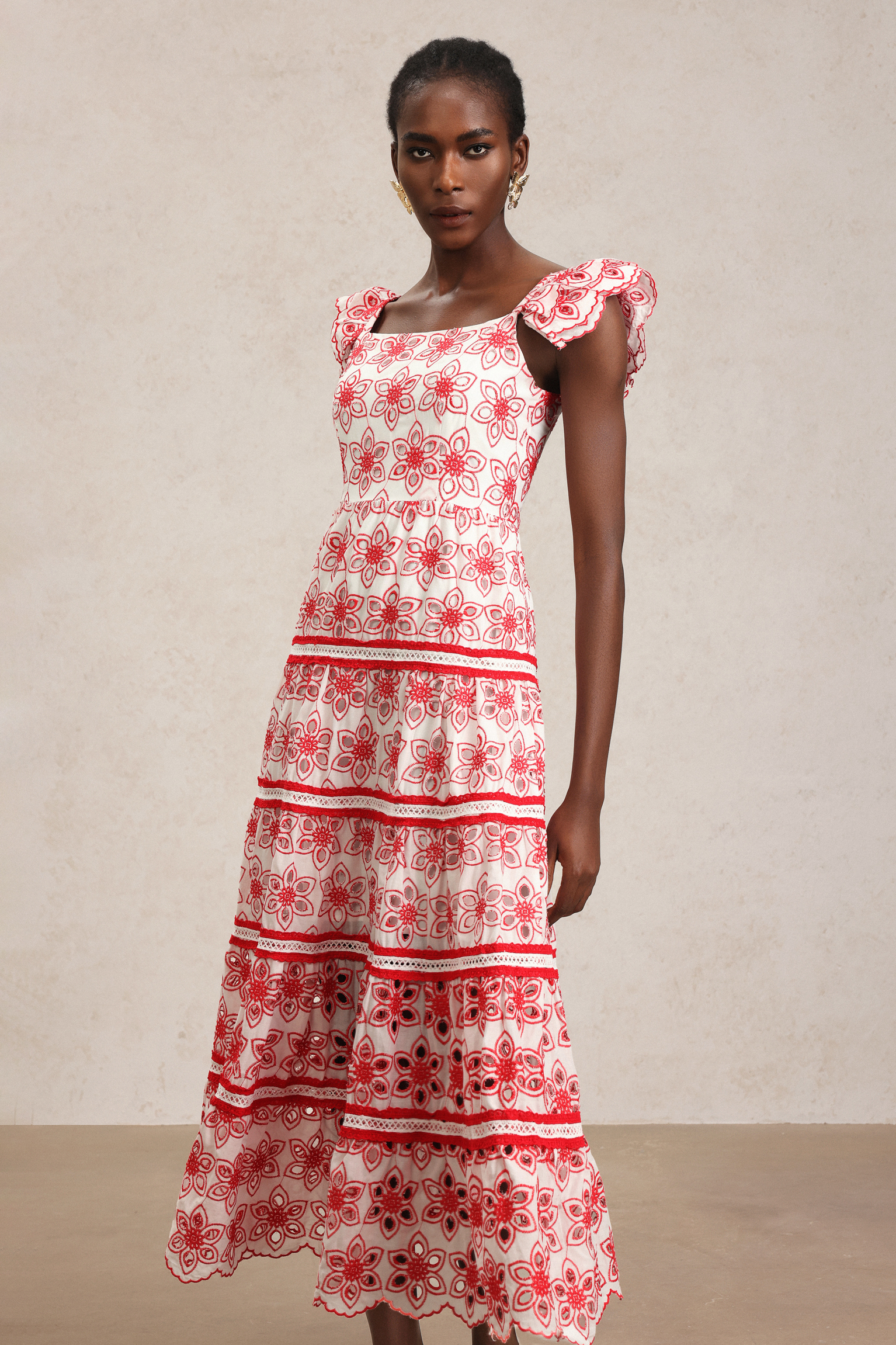 Rola Flowers Hollow Out Embroidery Maxi Dress