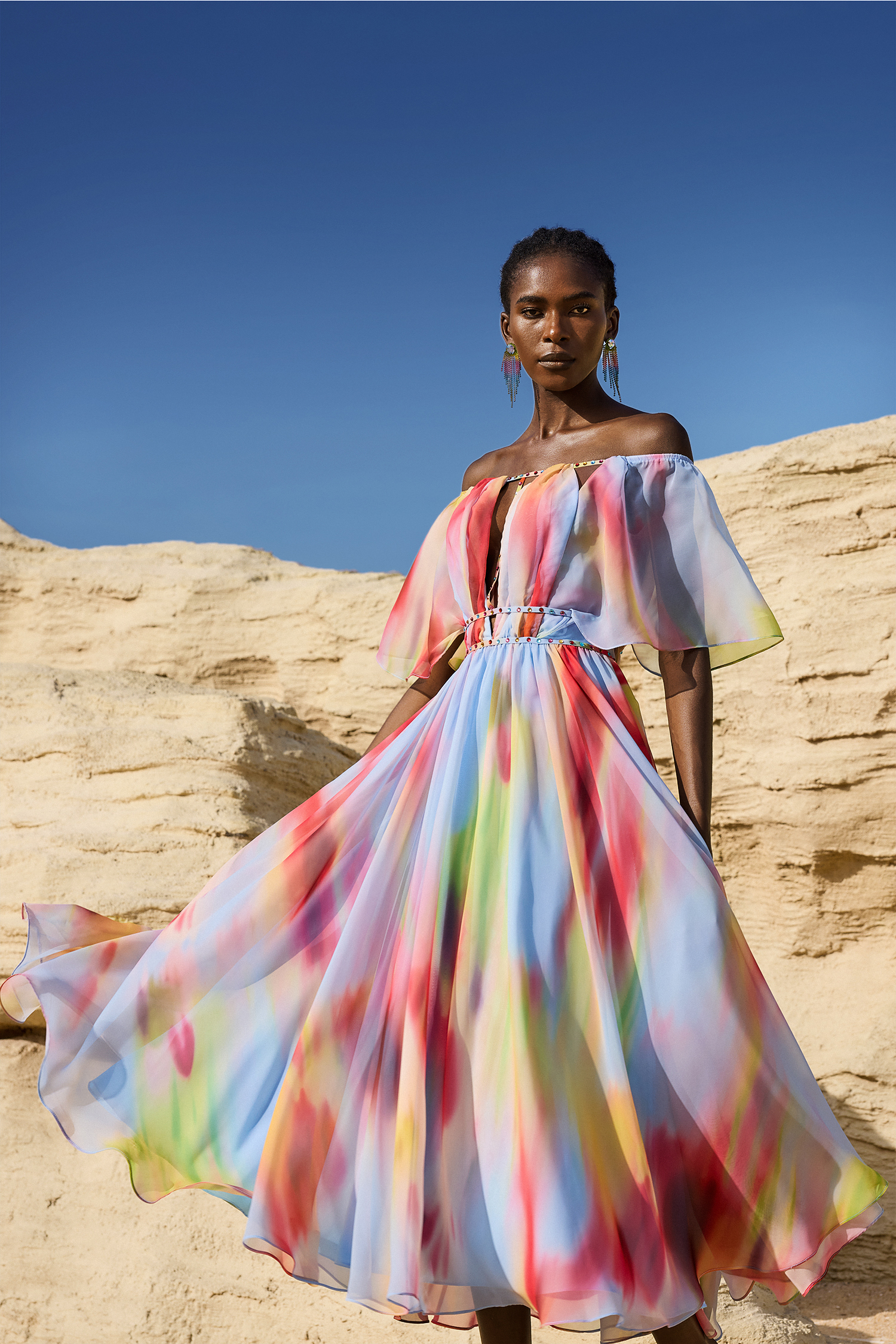 Zaysha Off-The-Shoulder Hollow Out Printing Midi Dress