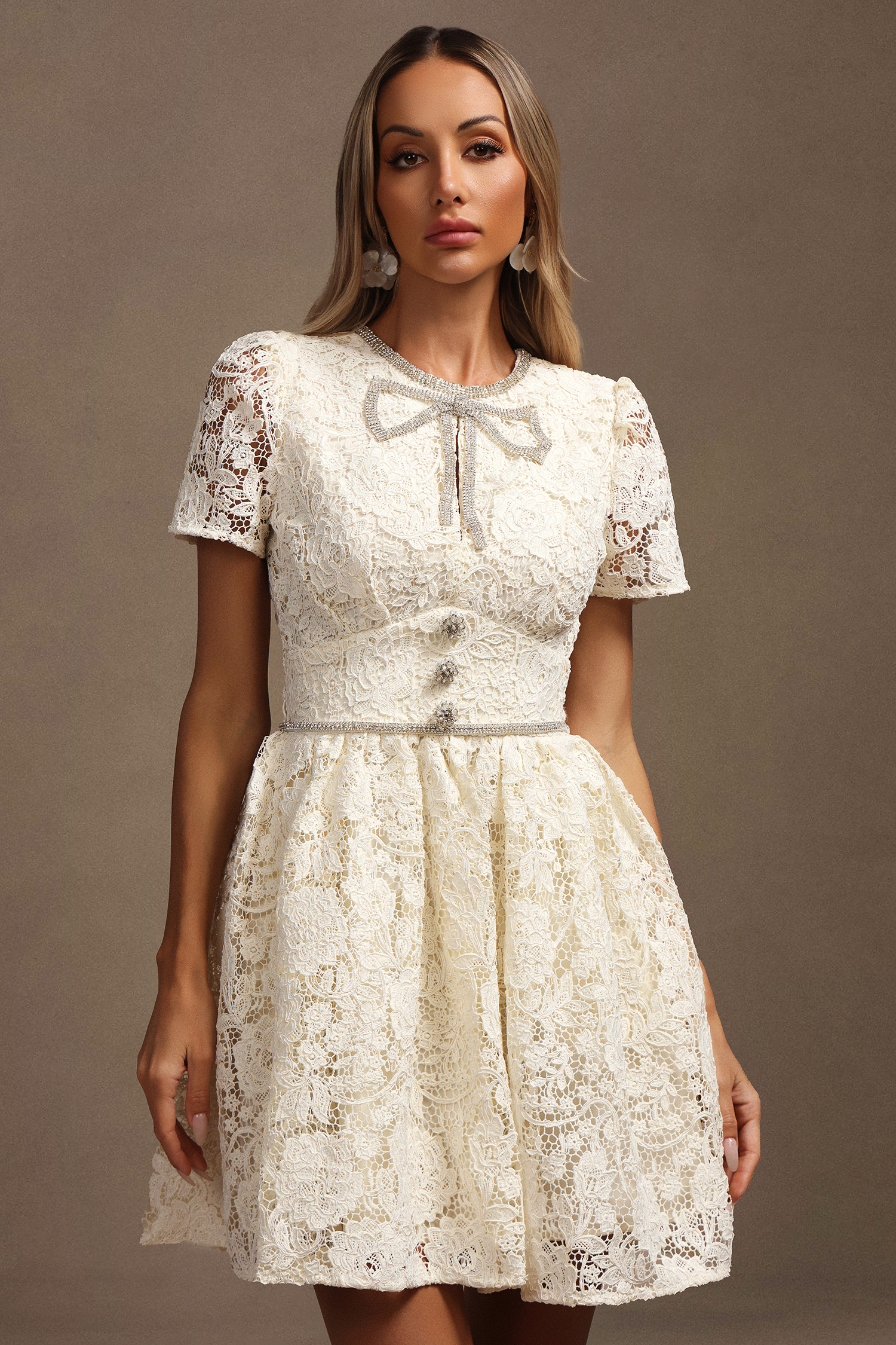 Sukia Short Sleeves Diamond Bowknot Lace Mini Dress