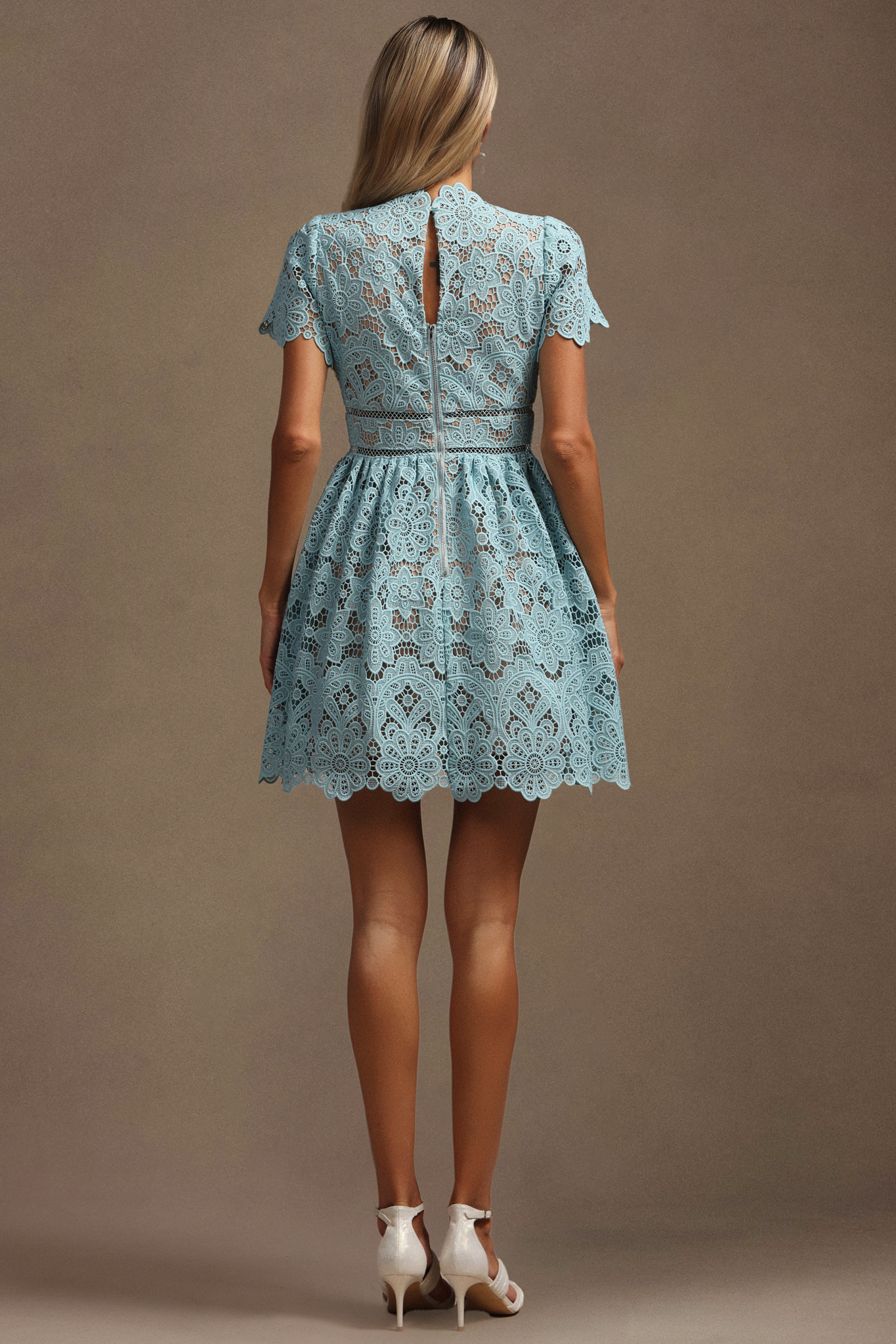 Urania V-Neck Short Sleeves Flowers Lace Mini Dress
