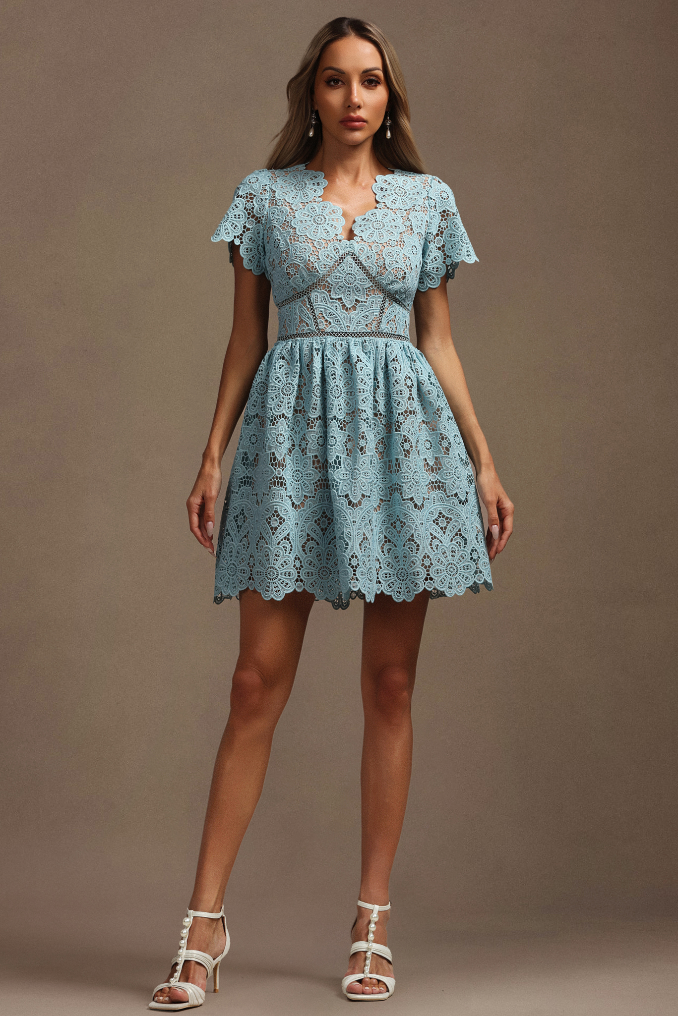 Urania V-Neck Short Sleeves Flowers Lace Mini Dress