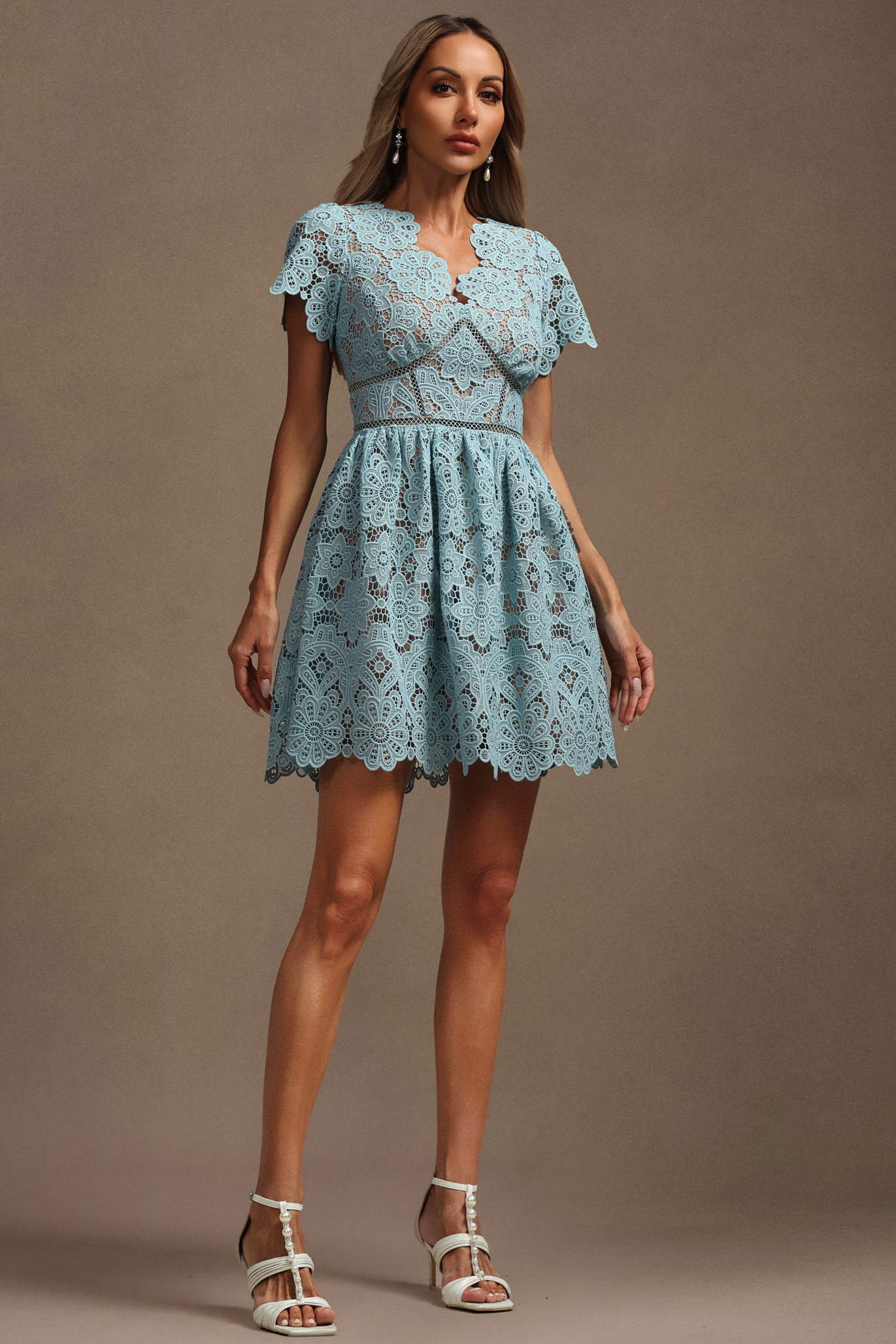Urania V-Neck Short Sleeves Flowers Lace Mini Dress