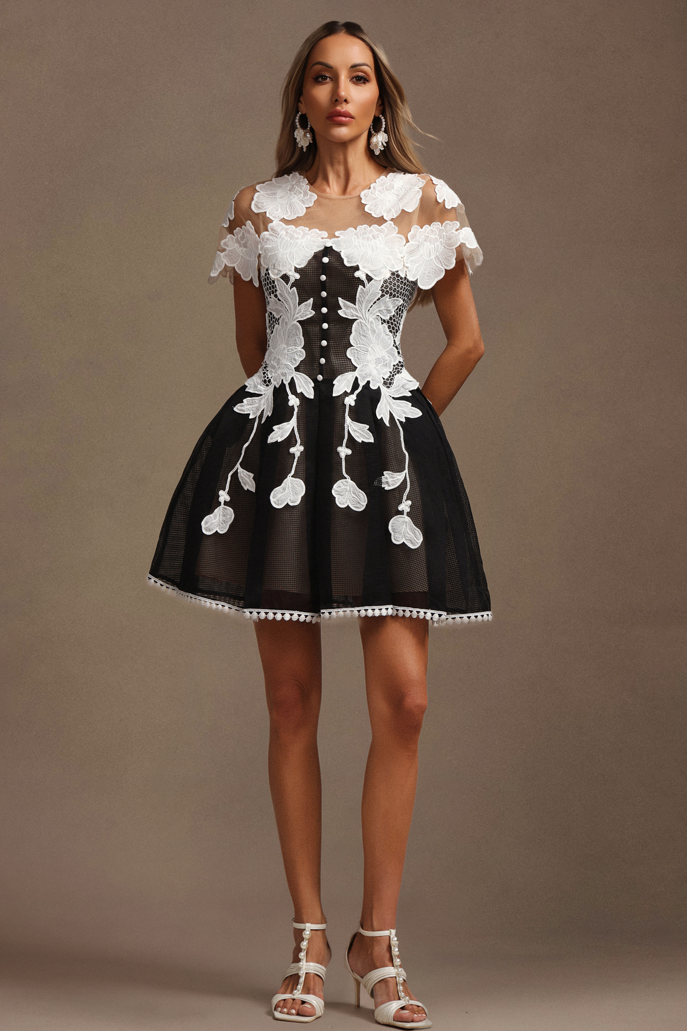 Sofia Short Sleeves Flowers Lace Mini Dress