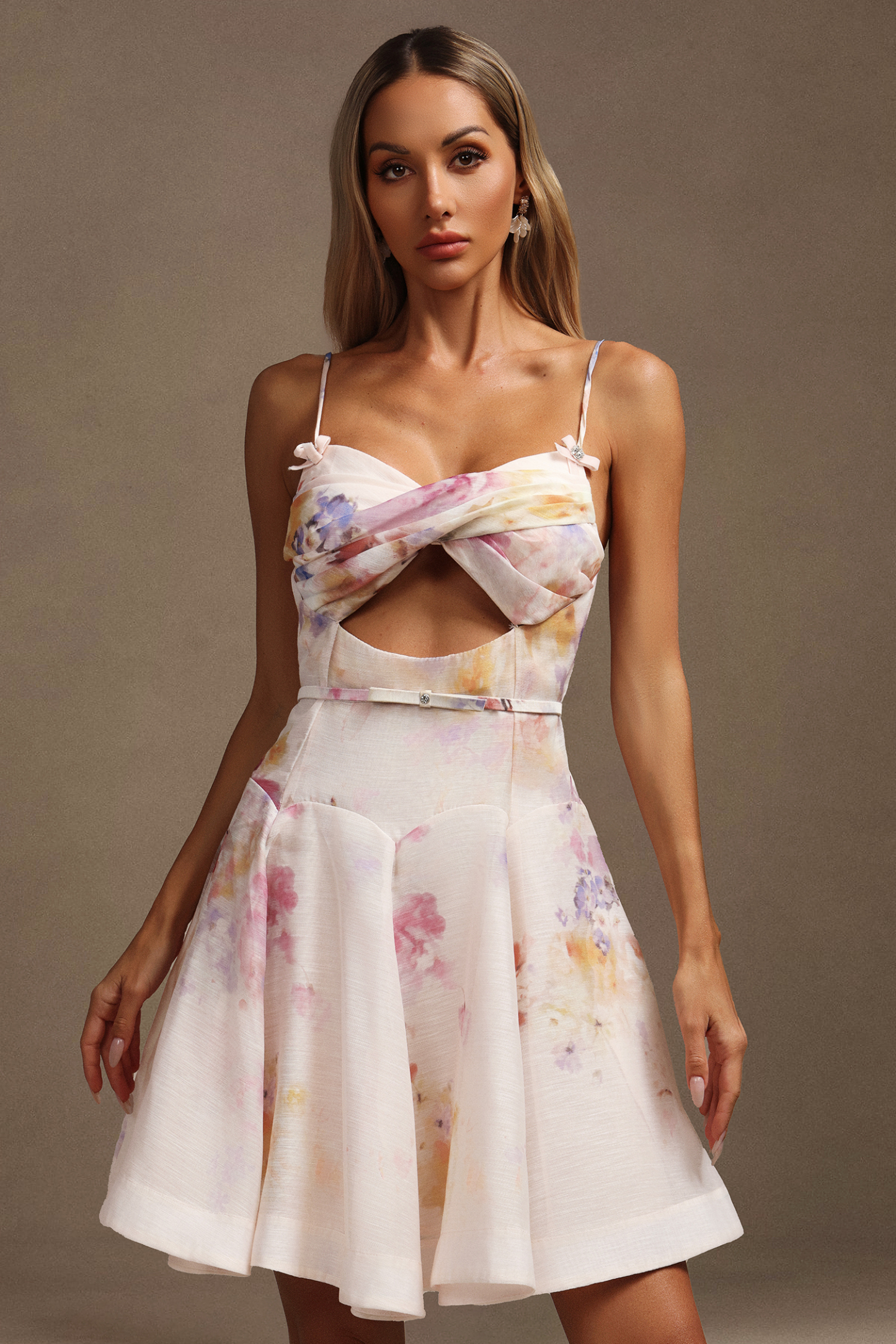Kaliana Halter Floral Printed Hollow Out Mini Dress