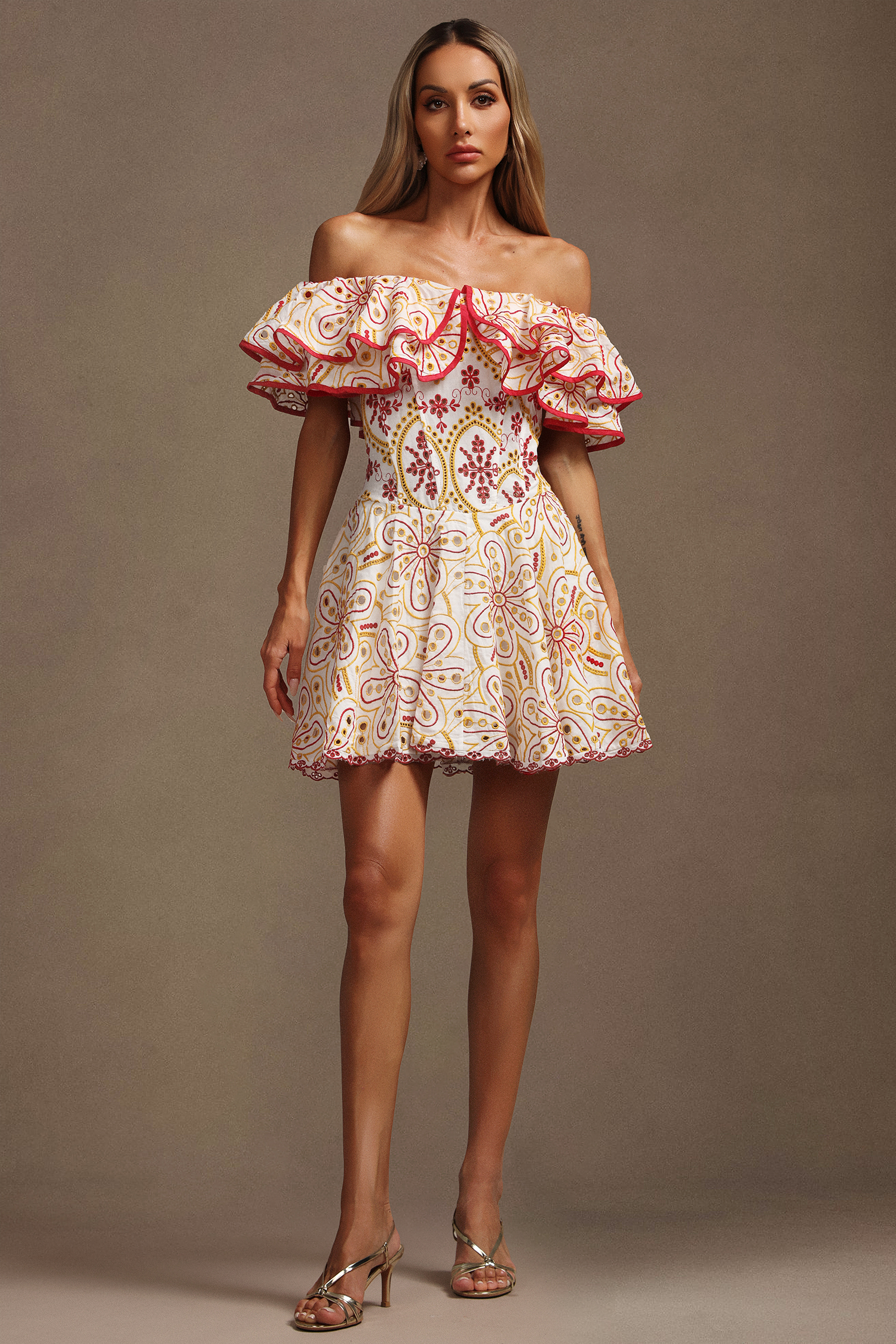 Maggie Off-The-Shoulder Lace Hollow Out Folds Mini Dress