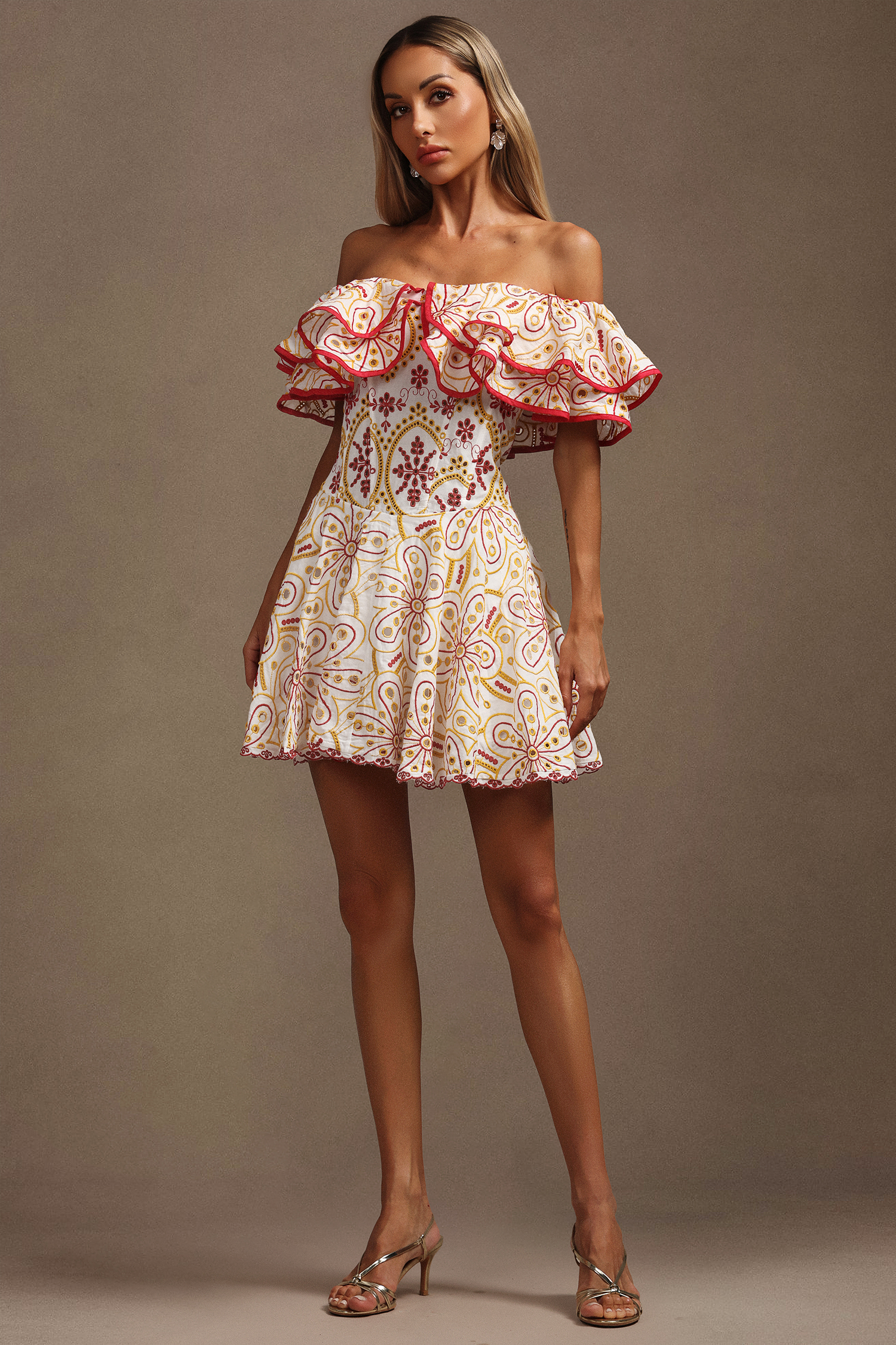 Maggie Off-The-Shoulder Lace Hollow Out Folds Mini Dress