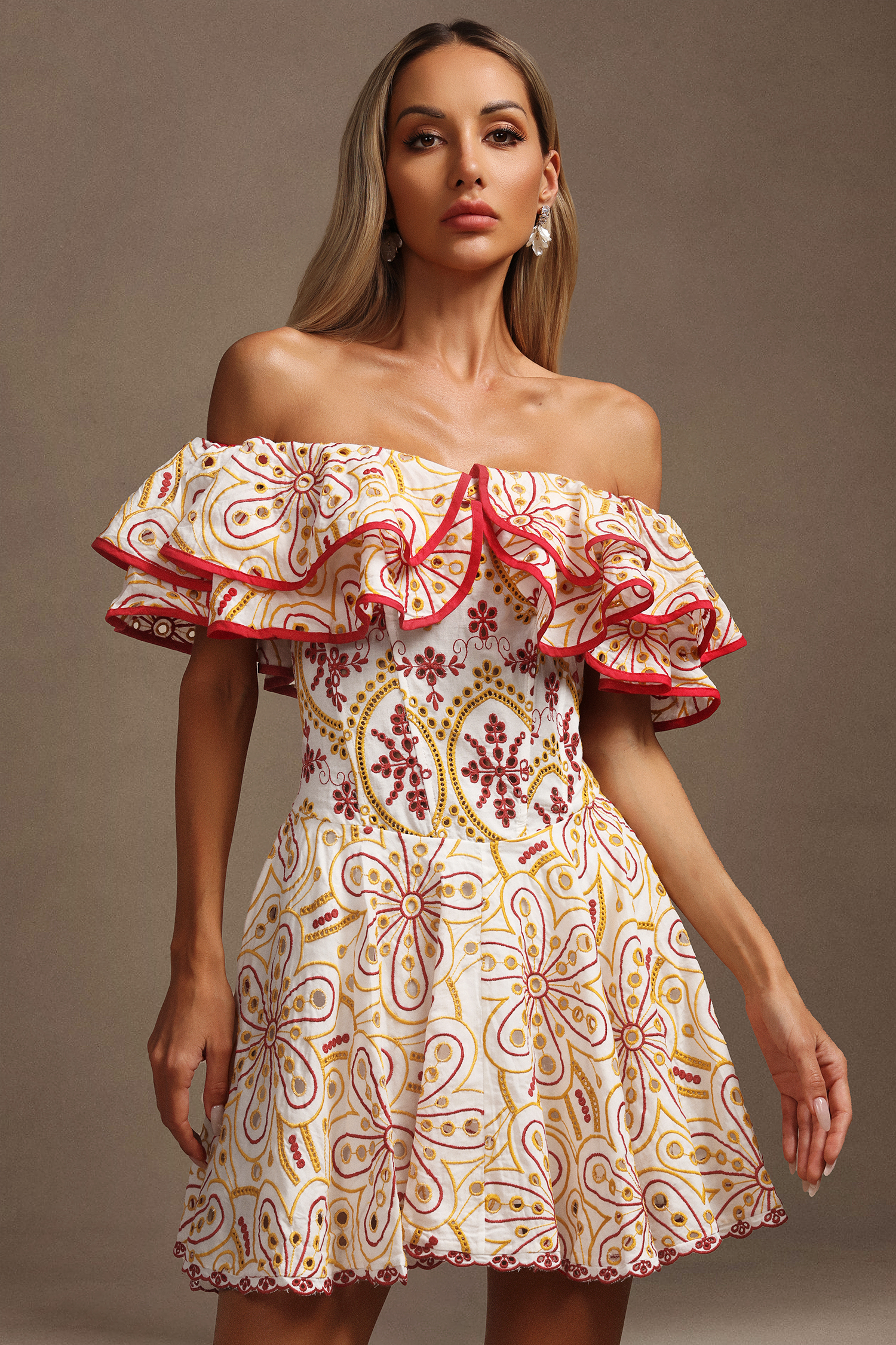 Maggie Off-The-Shoulder Lace Hollow Out Folds Mini Dress