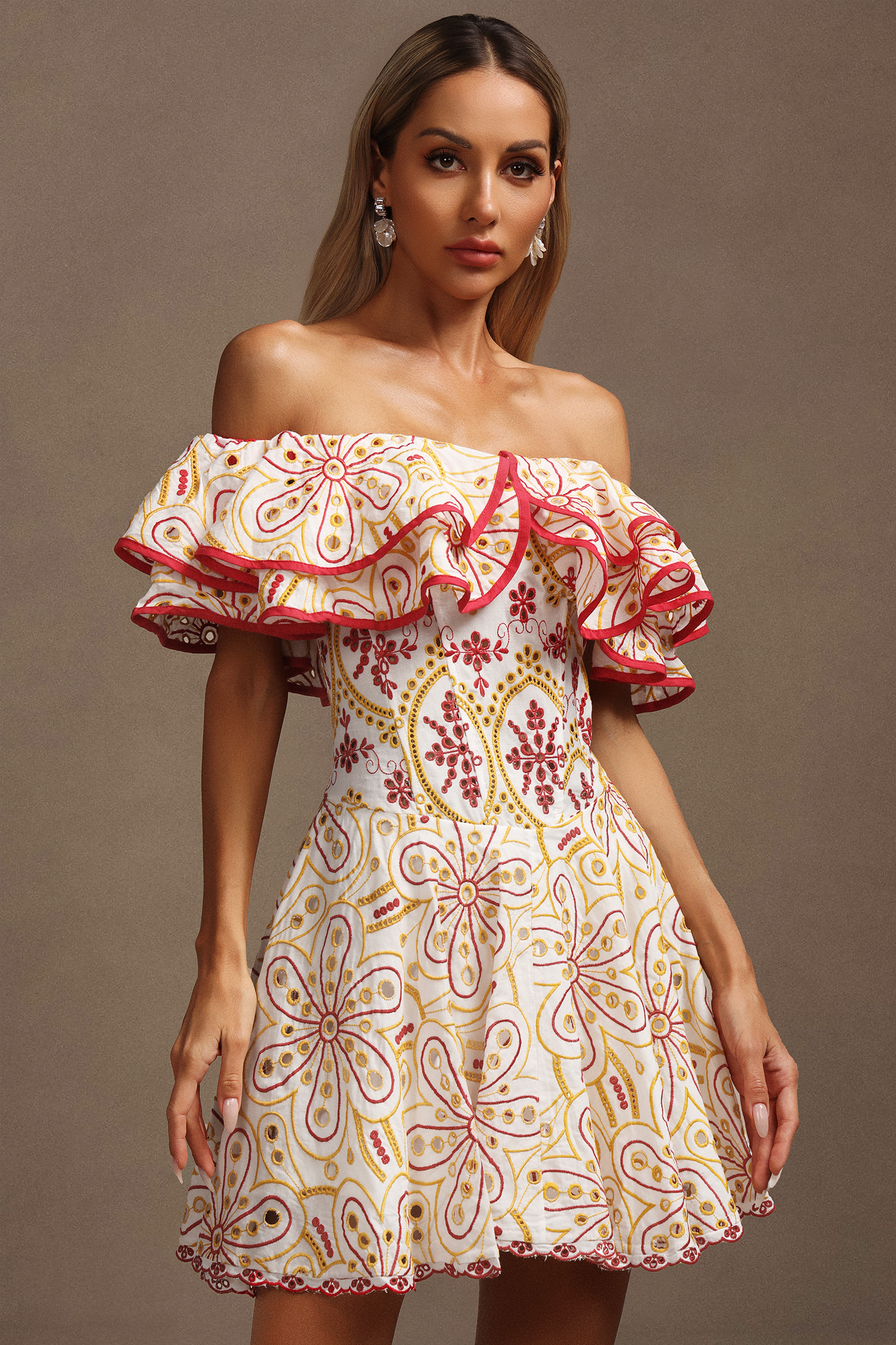 Maggie Off-The-Shoulder Lace Hollow Out Folds Mini Dress