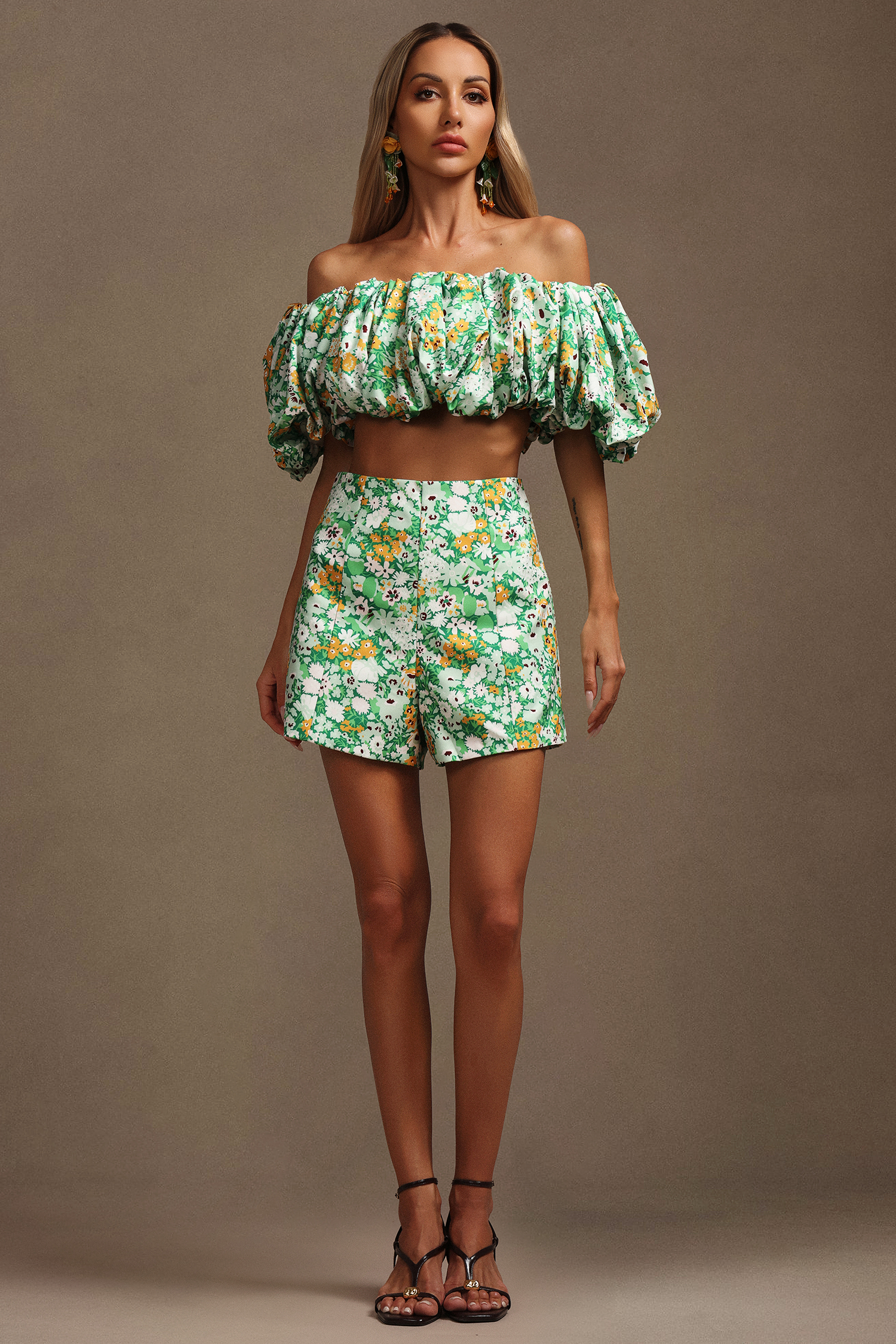 Petra Off-The-Shoulder Puff Sleeves Floral Printed Top And Shorts Two-Piece Set