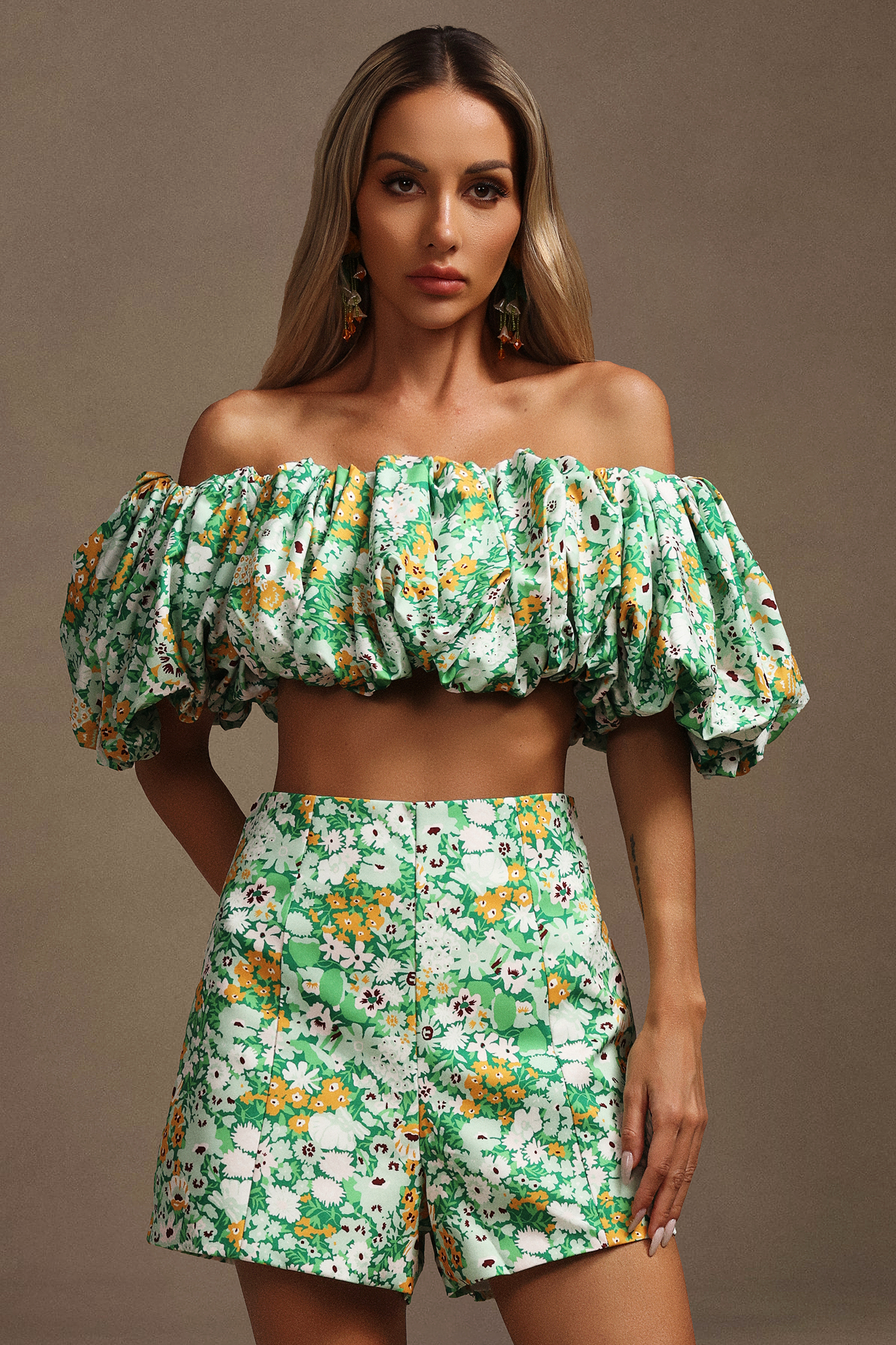 Petra Off-The-Shoulder Puff Sleeves Floral Printed Top And Shorts Two-Piece Set