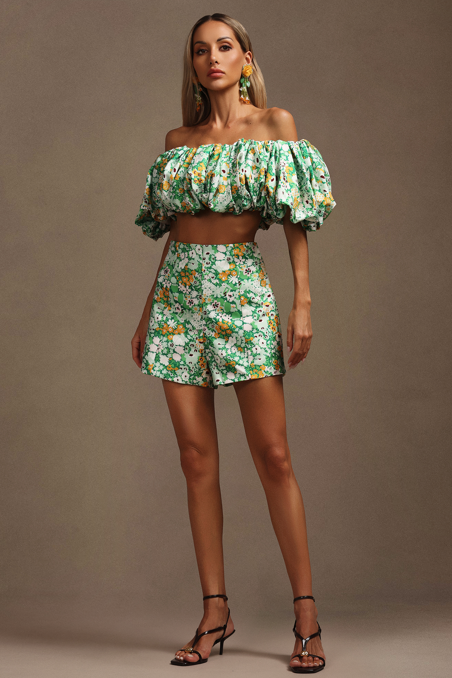 Petra Off-The-Shoulder Puff Sleeves Floral Printed Top And Shorts Two-Piece Set