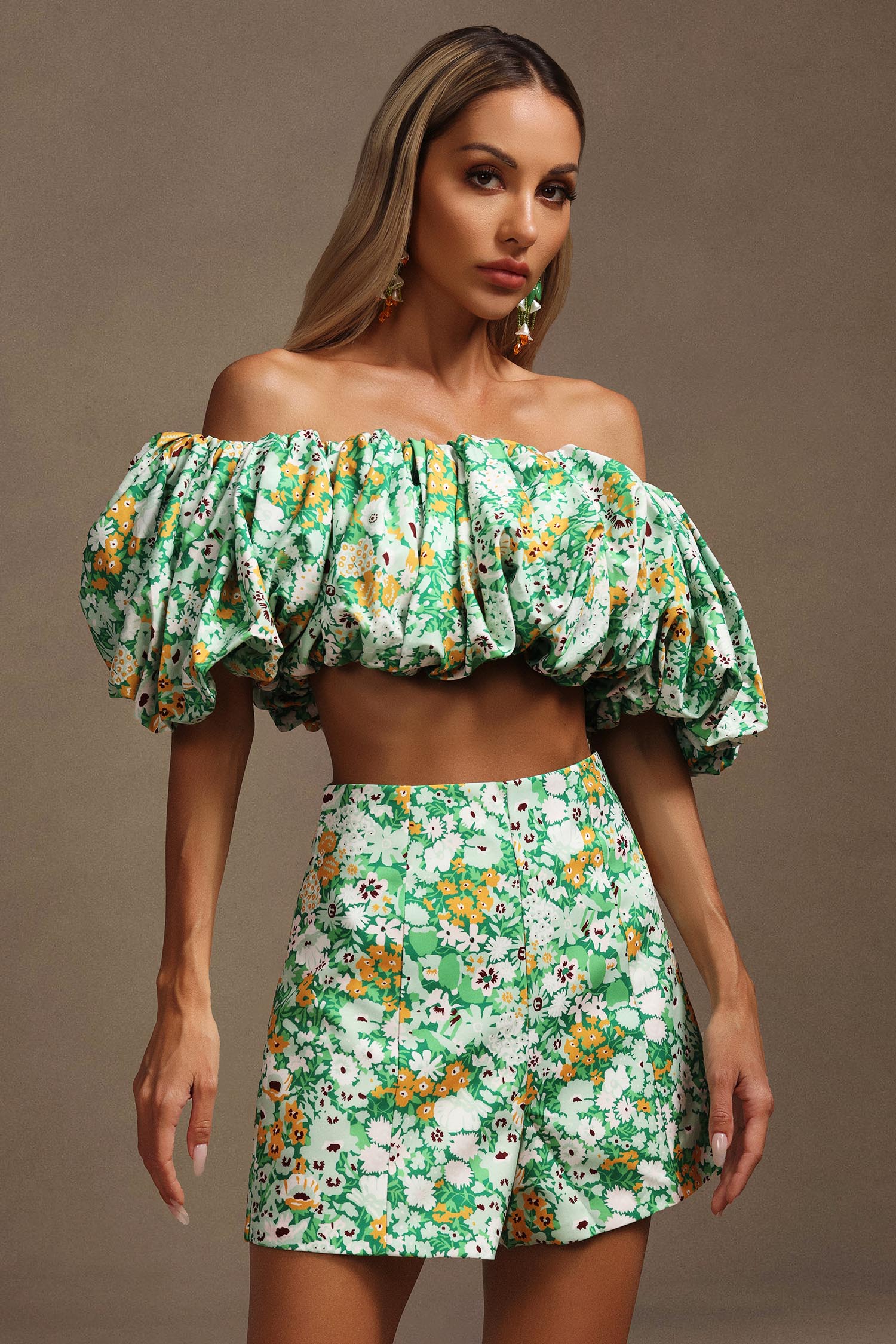 Petra Off-The-Shoulder Puff Sleeves Floral Printed Top And Shorts Two-Piece Set