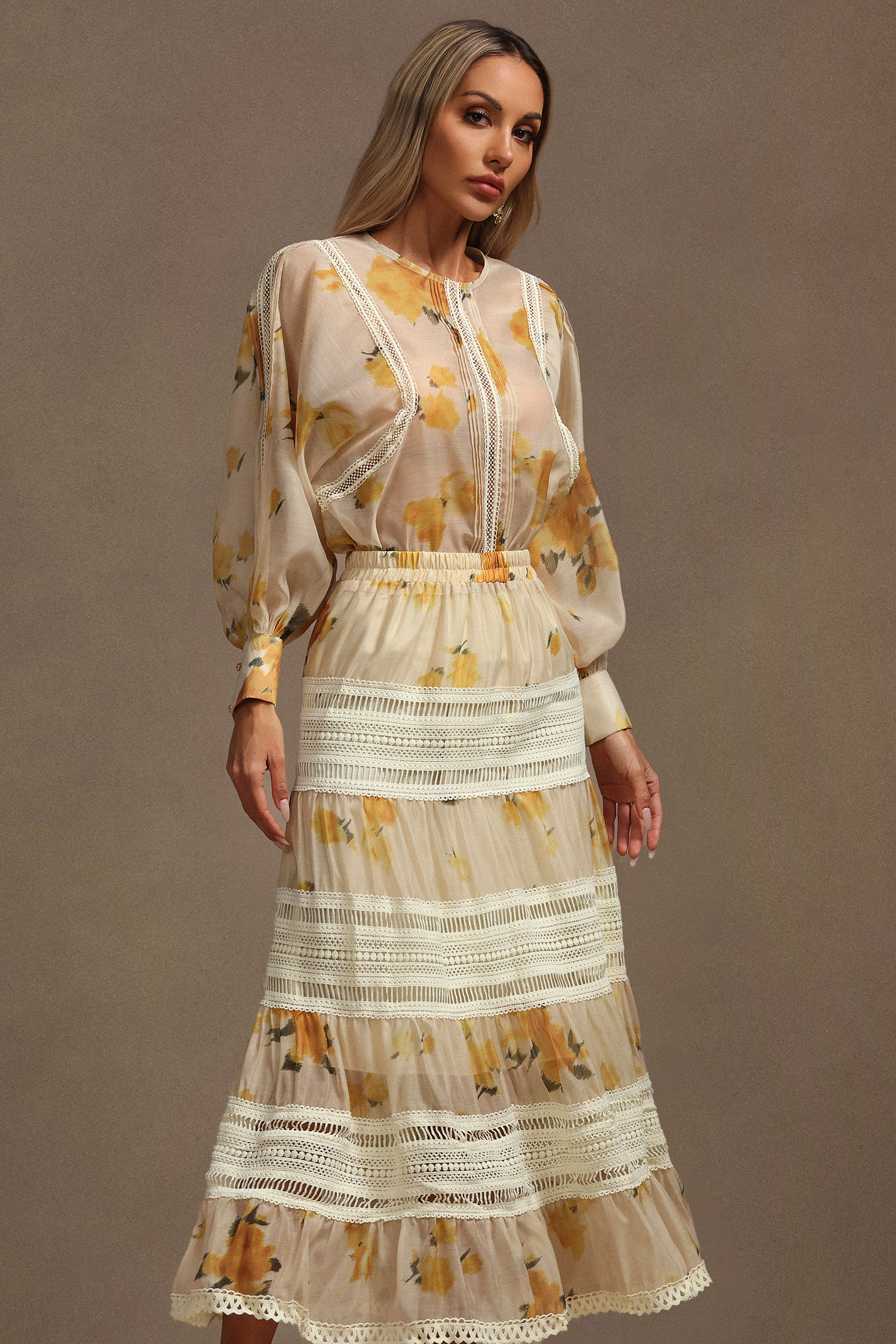 Saraja Long Sleeves Floral Printed Top And Skirt Two-Piece Set
