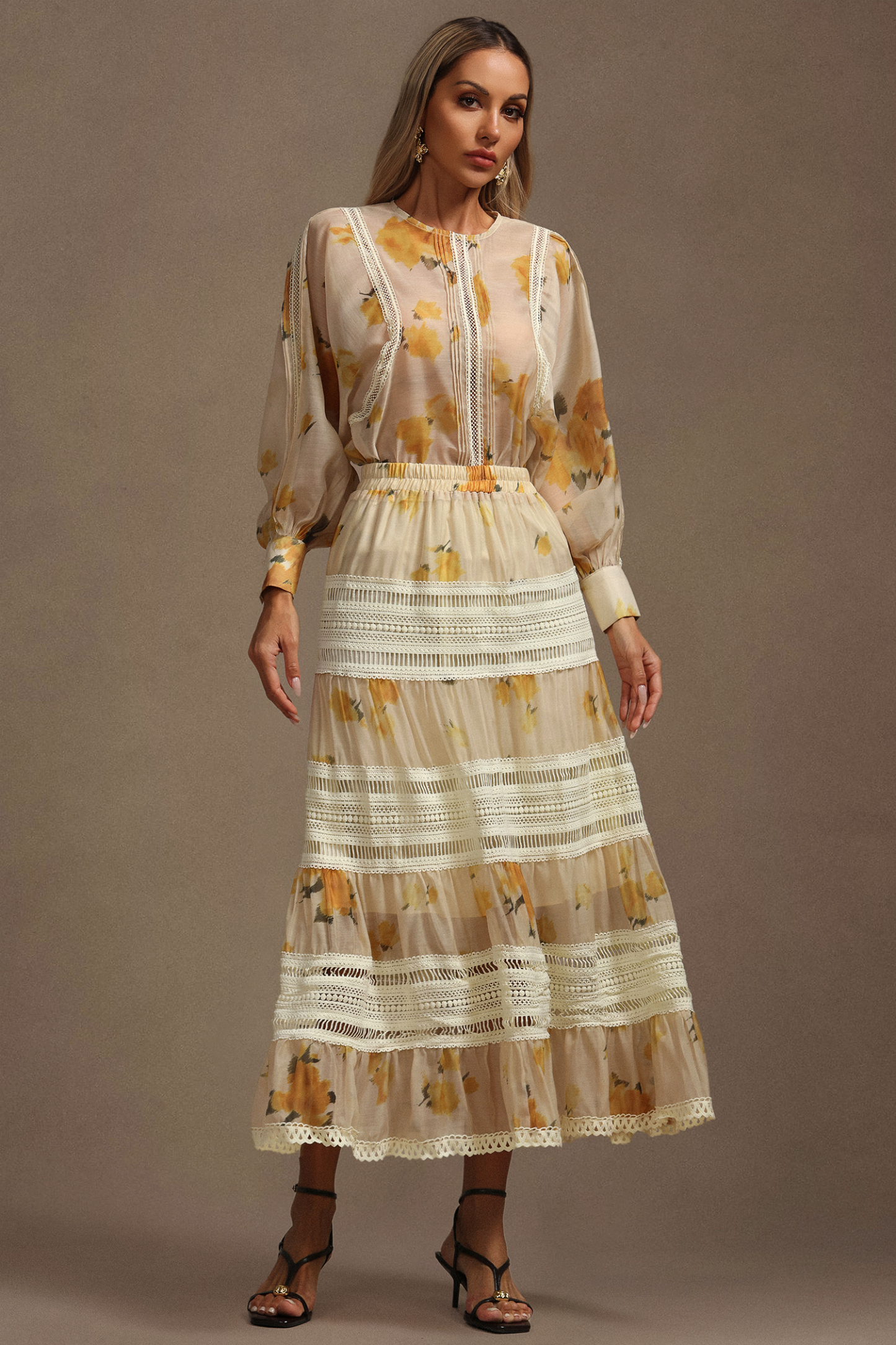 Saraja Long Sleeves Floral Printed Top And Skirt Two-Piece Set