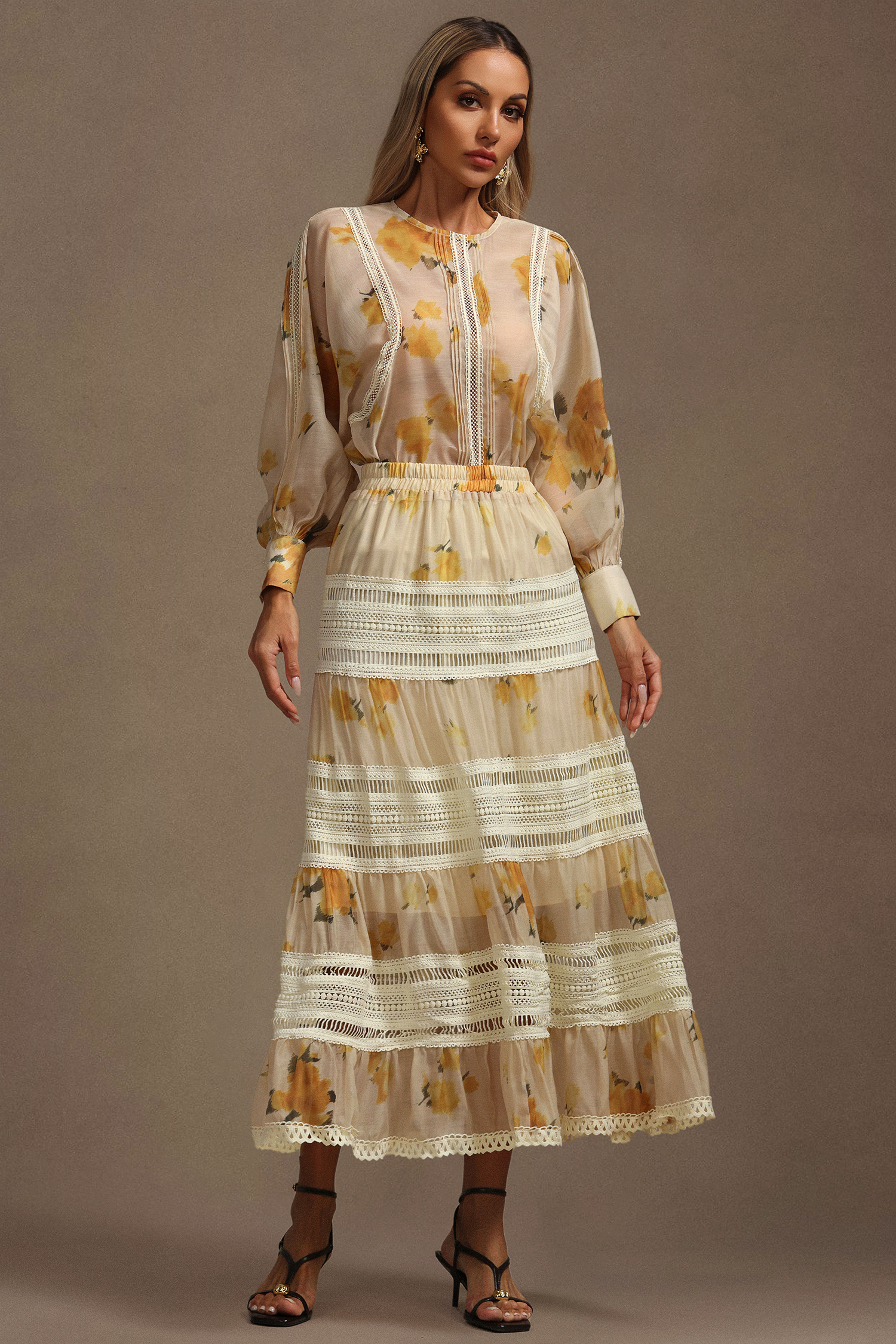 Saraja Long Sleeves Floral Printed Top And Skirt Two-Piece Set
