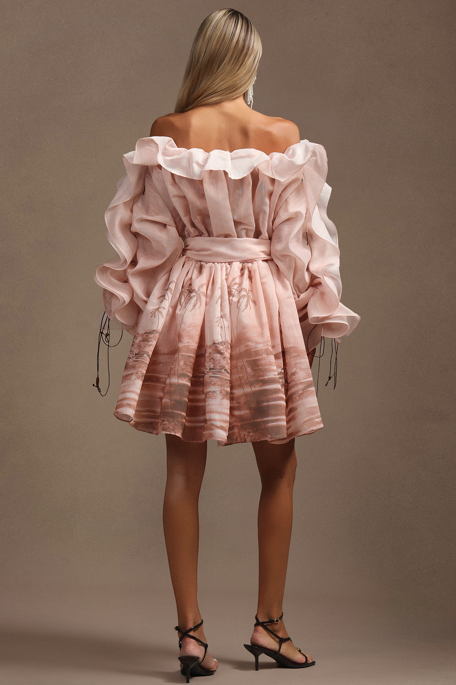 Rosee Long Sleeves Off-The-Shoulder Printed Folds Mini Dress