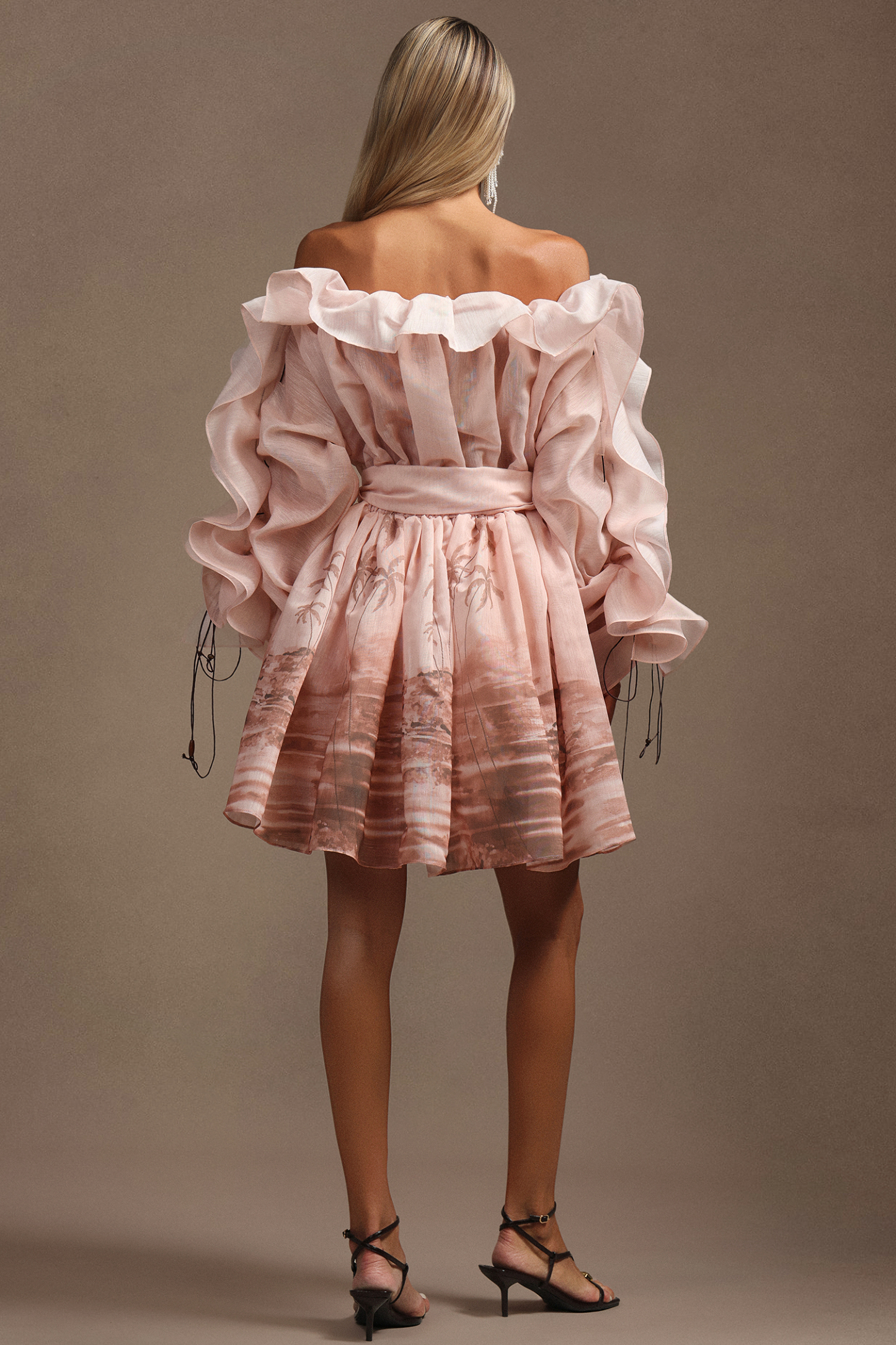 Rosee Long Sleeves Off-The-Shoulder Printed Folds Mini Dress