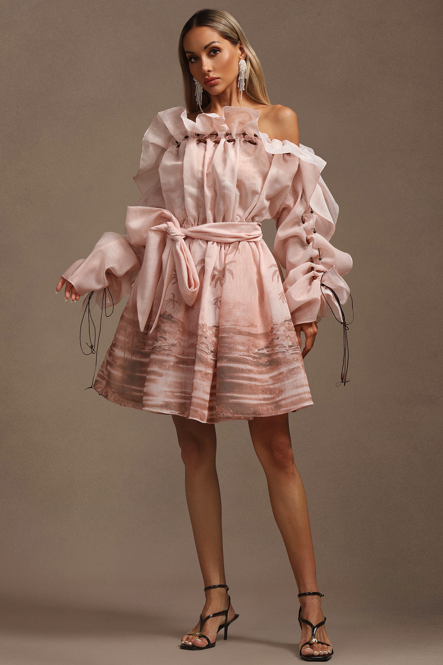 Rosee Long Sleeves Off-The-Shoulder Printed Folds Mini Dress