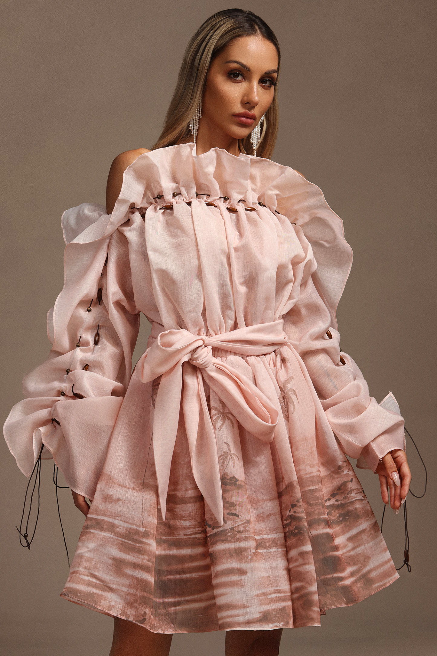 Rosee Long Sleeves Off-The-Shoulder Printed Folds Mini Dress