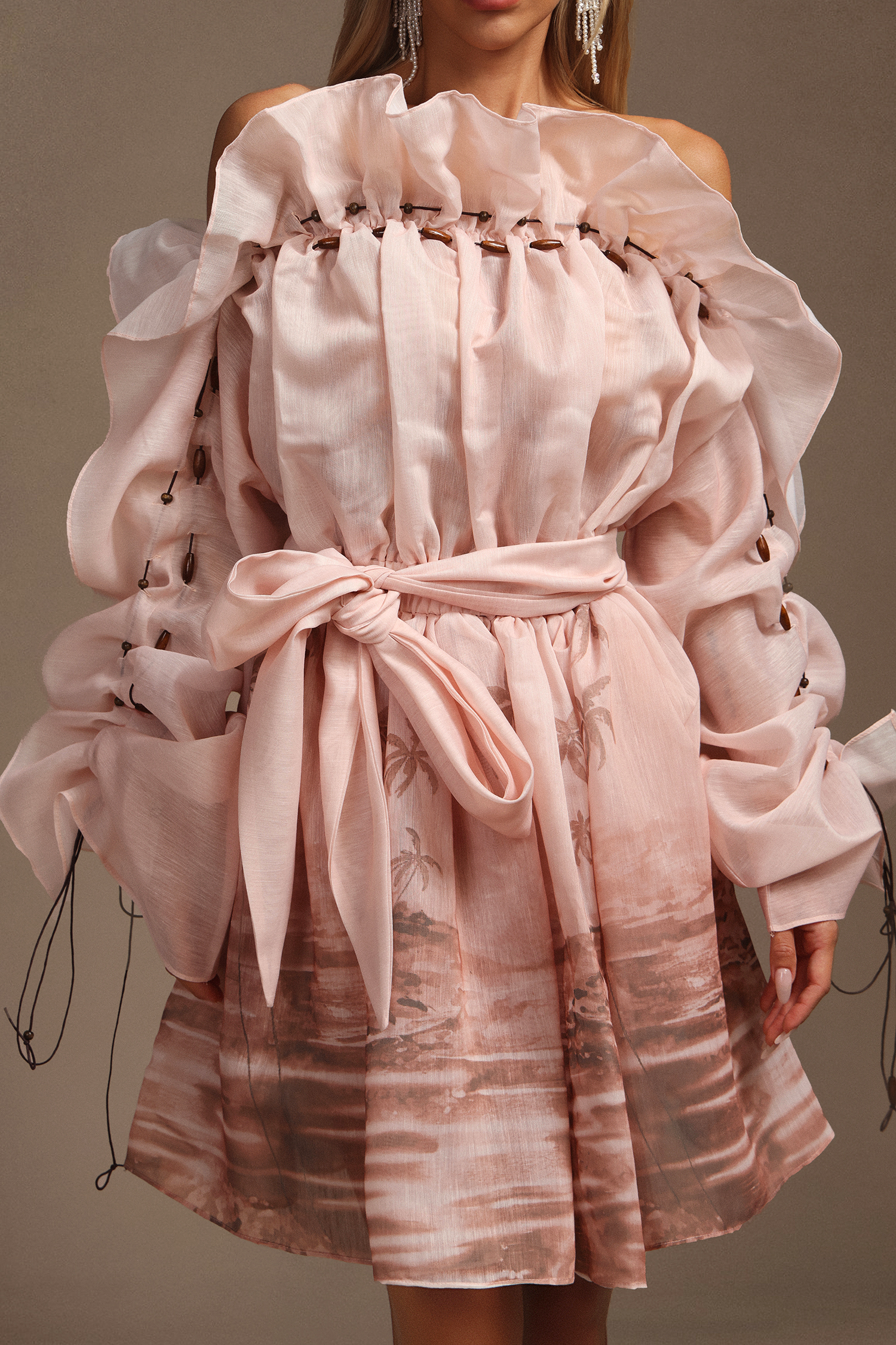 Rosee Long Sleeves Off-The-Shoulder Printed Folds Mini Dress