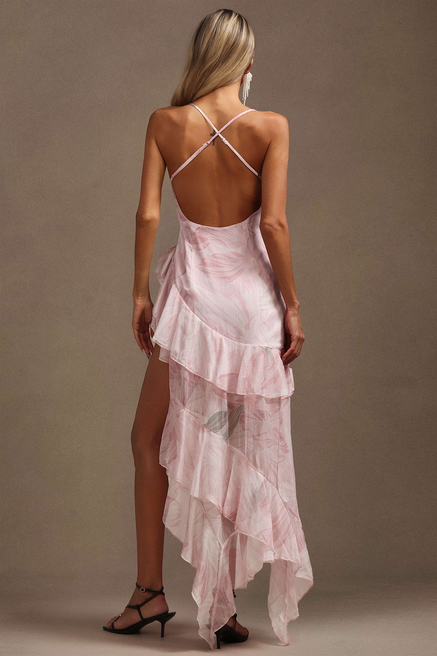 Oana Halter Asymmetric Floral Printed Folds High Slit Midi Dress