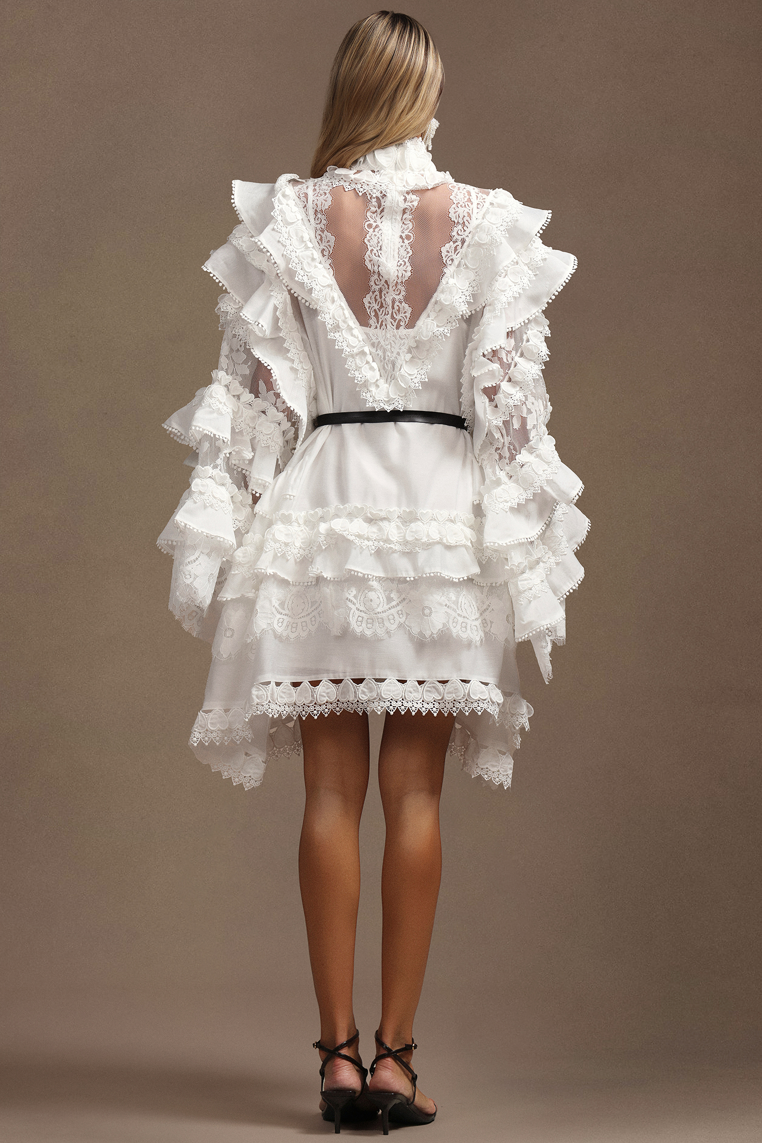 Devere Long Sleeves Layered Folds Lace Mini Dress