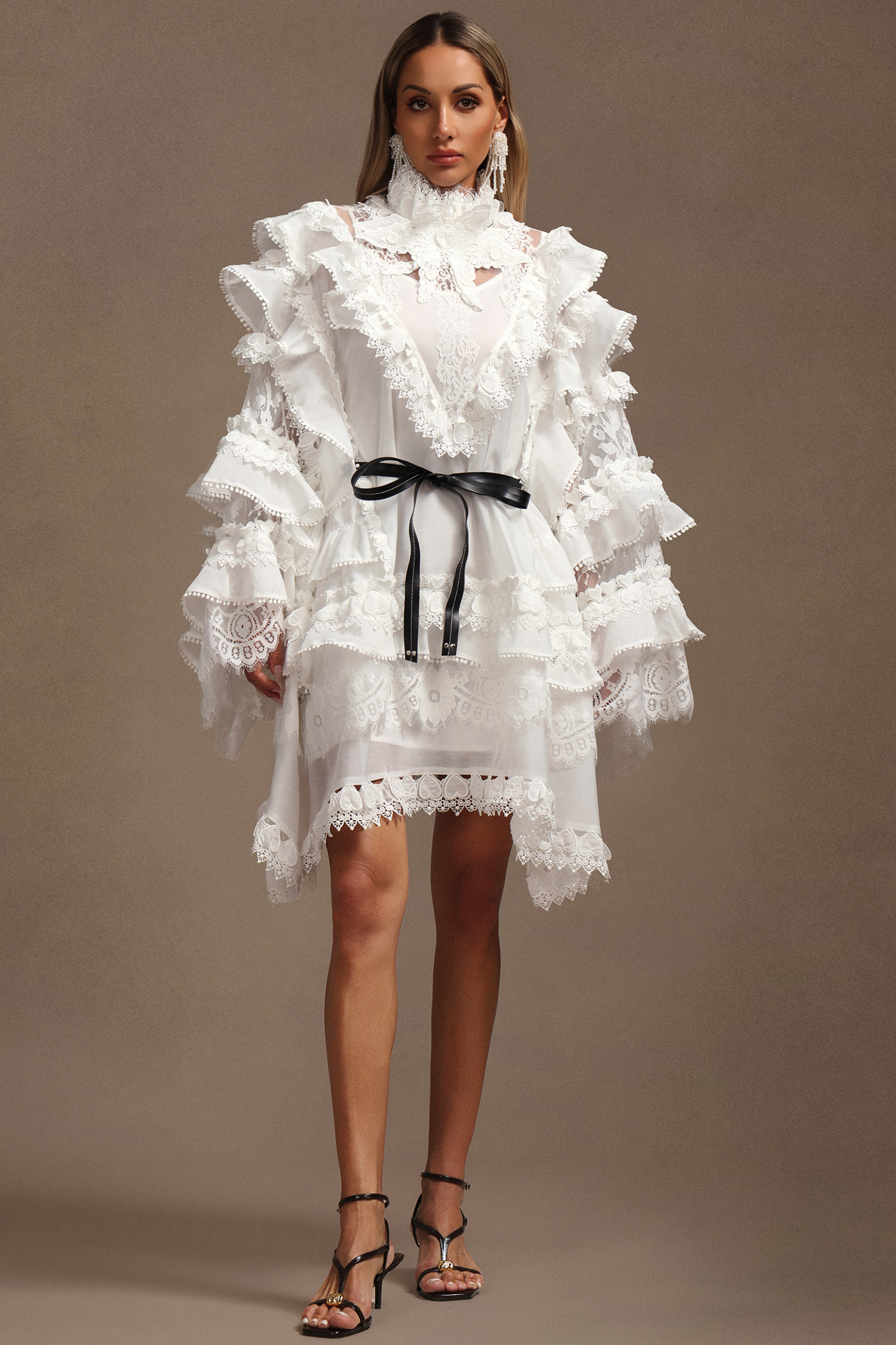 Devere Long Sleeves Layered Folds Lace Mini Dress