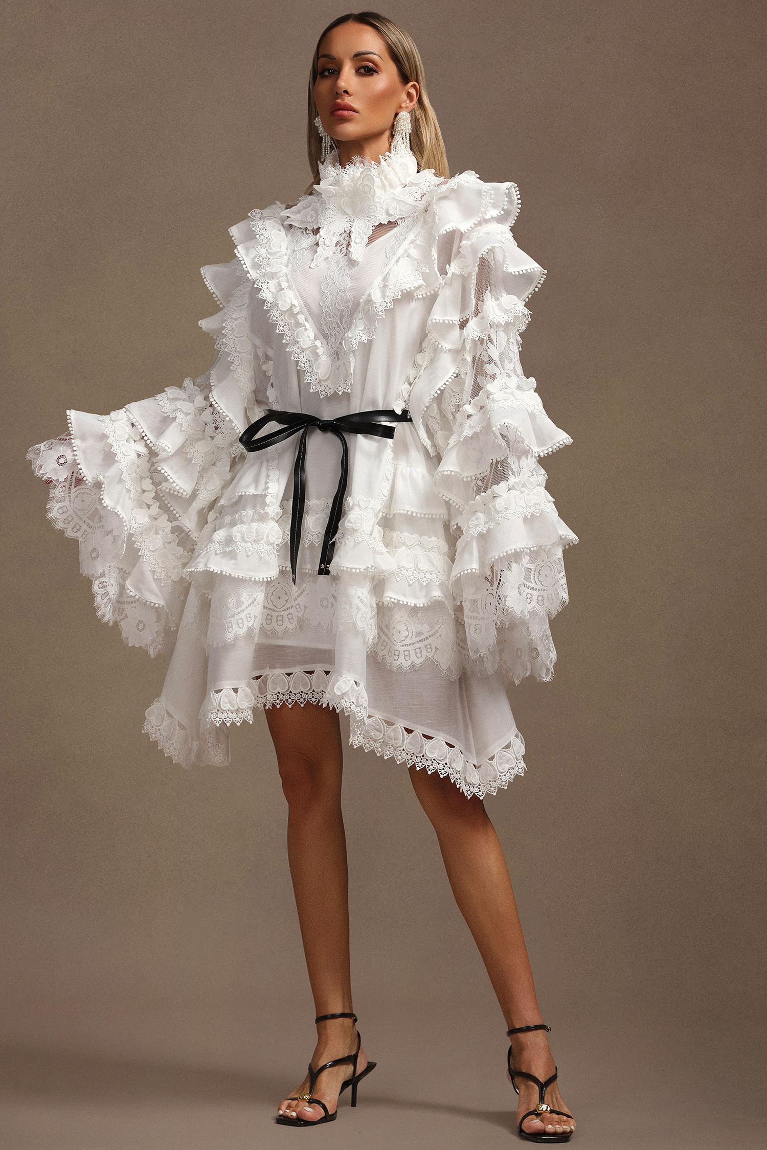 Devere Long Sleeves Layered Folds Lace Mini Dress